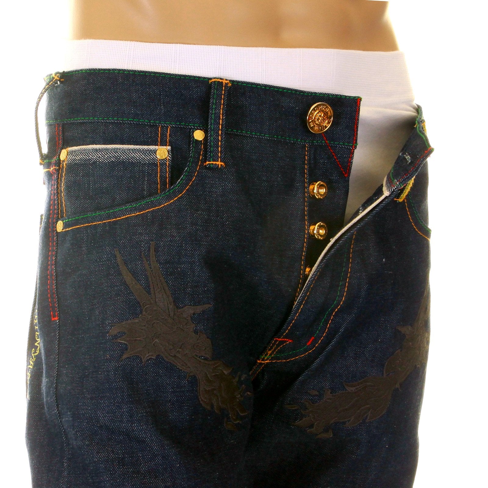 YOROPIKO LIMITED EDITION BLACK HUNGRY DRAGON 574 VINTAGE CUT RAW SELVEDGE DENIM JEANS YORO2880