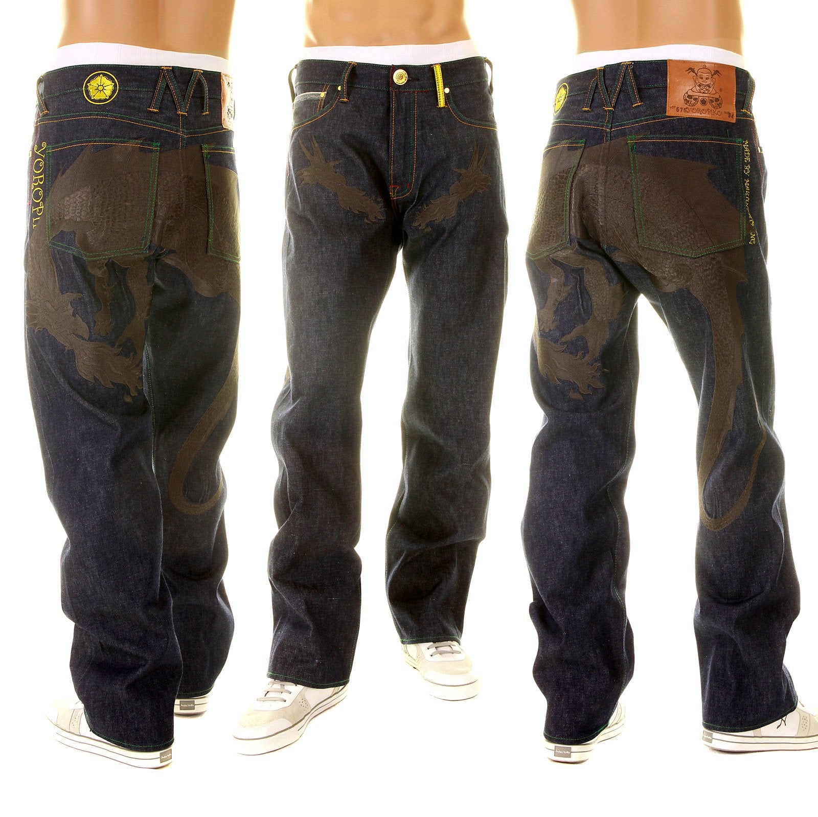 YOROPIKO LIMITED EDITION BLACK HUNGRY DRAGON 574 VINTAGE CUT RAW SELVEDGE DENIM JEANS YORO2880