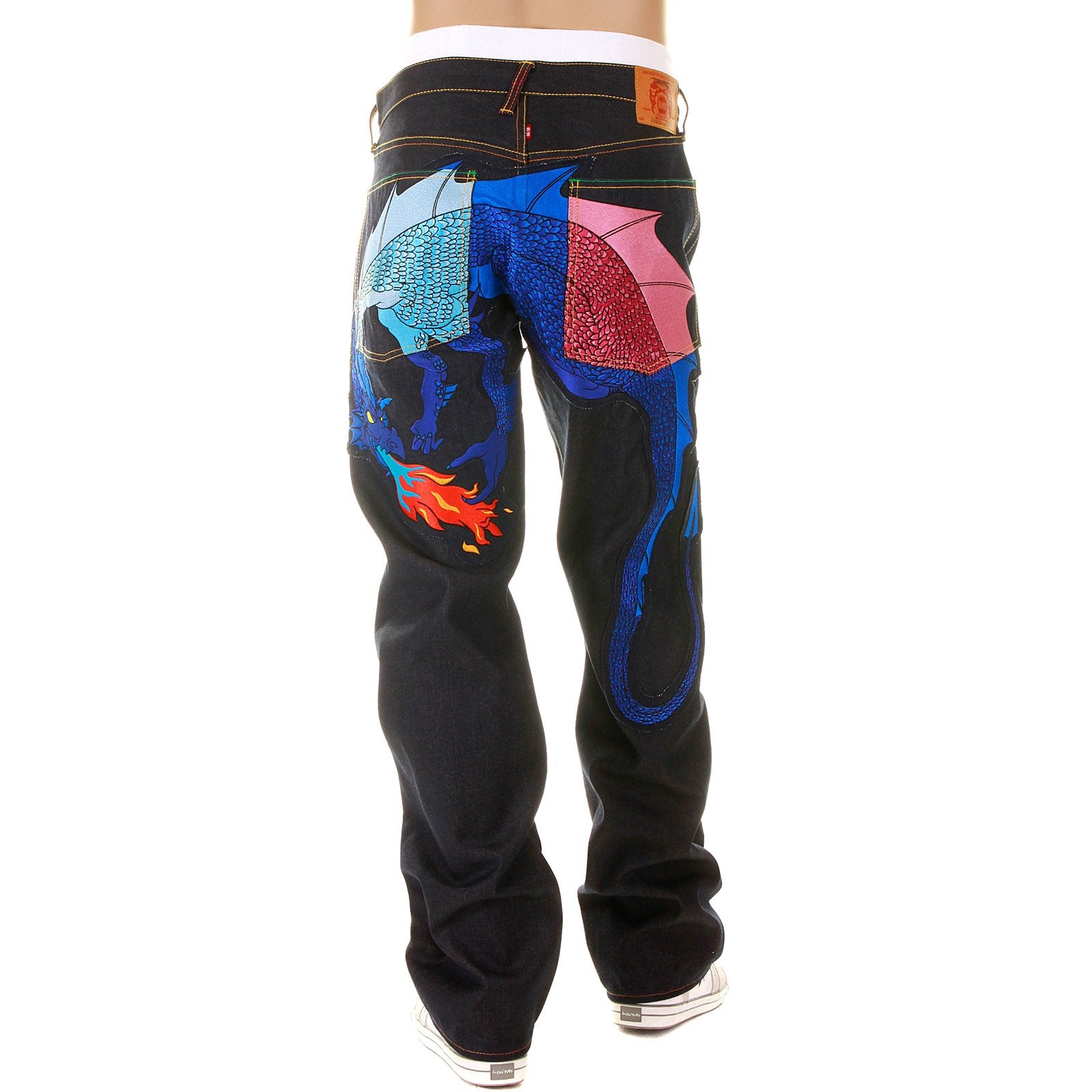 YOROPIKO LIMITED EDITION RAW SELVEDGE DENIM JEANS WITH HUNGRY DRAGON 574 SKY BLUE ROYAL BLUE PINK EMBROIDERY YORO5419