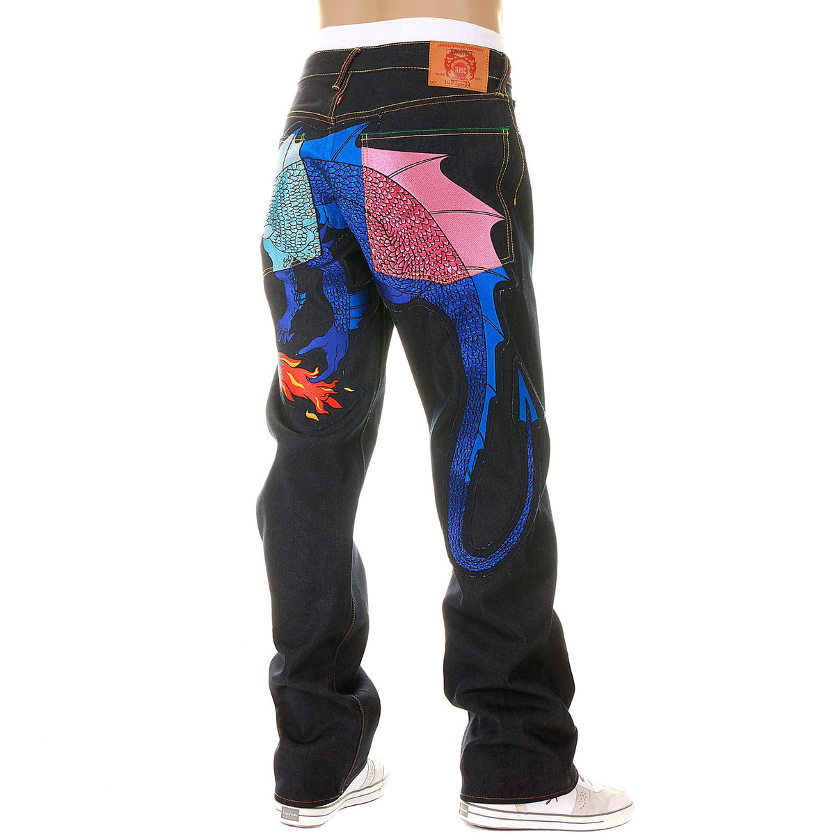 YOROPIKO LIMITED EDITION RAW SELVEDGE DENIM JEANS WITH HUNGRY DRAGON 574 SKY BLUE ROYAL BLUE PINK EMBROIDERY YORO5419
