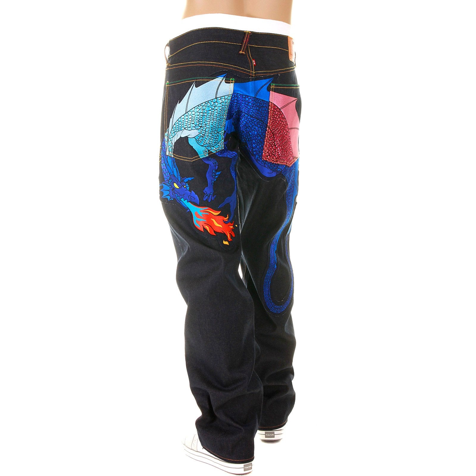 YOROPIKO LIMITED EDITION RAW SELVEDGE DENIM JEANS WITH HUNGRY DRAGON 574 SKY BLUE ROYAL BLUE PINK EMBROIDERY YORO5419