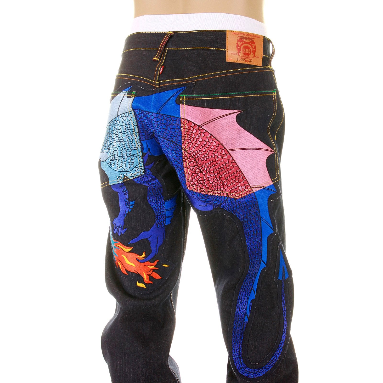 YOROPIKO LIMITED EDITION RAW SELVEDGE DENIM JEANS WITH HUNGRY DRAGON 574 SKY BLUE ROYAL BLUE PINK EMBROIDERY YORO5419