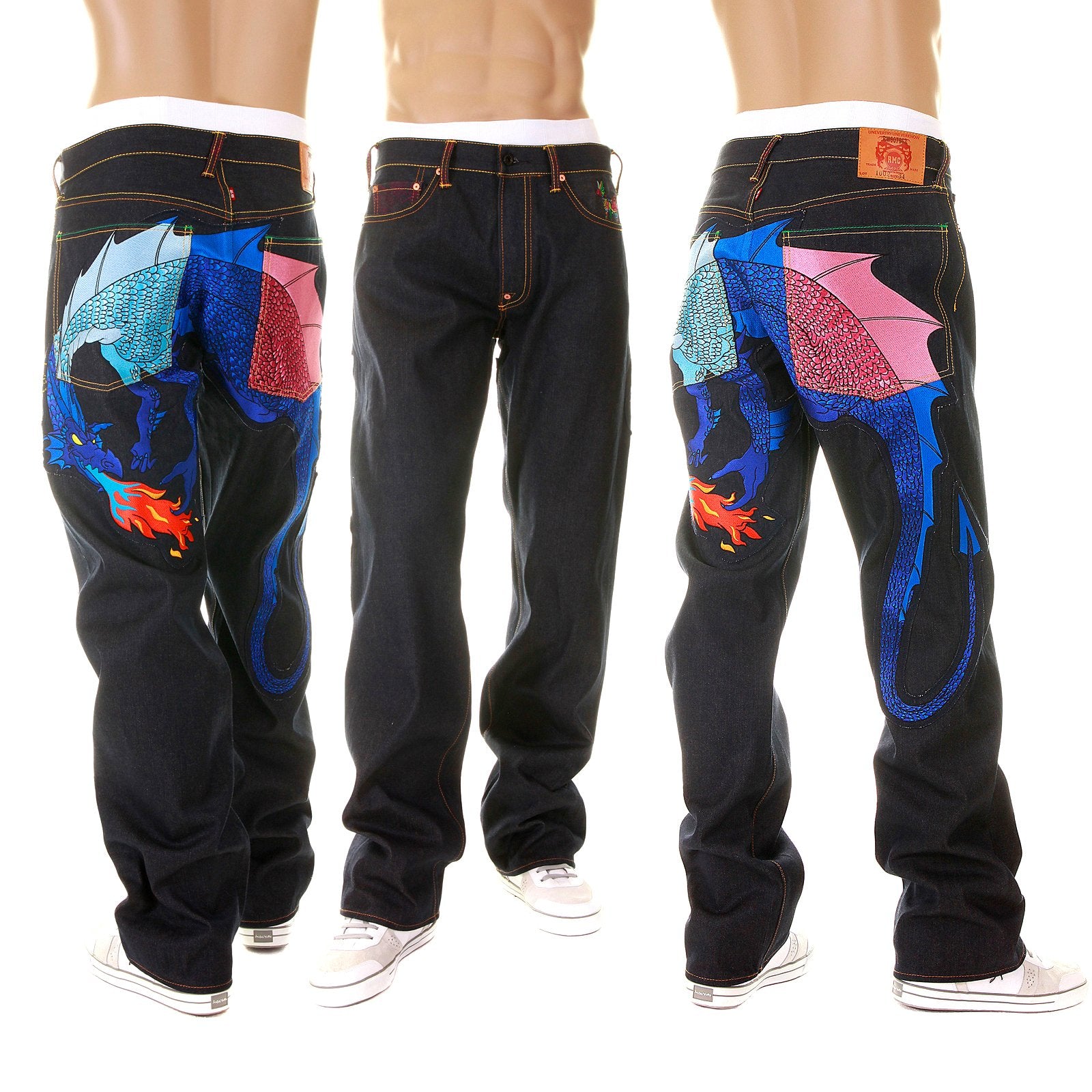 YOROPIKO LIMITED EDITION RAW SELVEDGE DENIM JEANS WITH HUNGRY DRAGON 574 SKY BLUE ROYAL BLUE PINK EMBROIDERY YORO5419