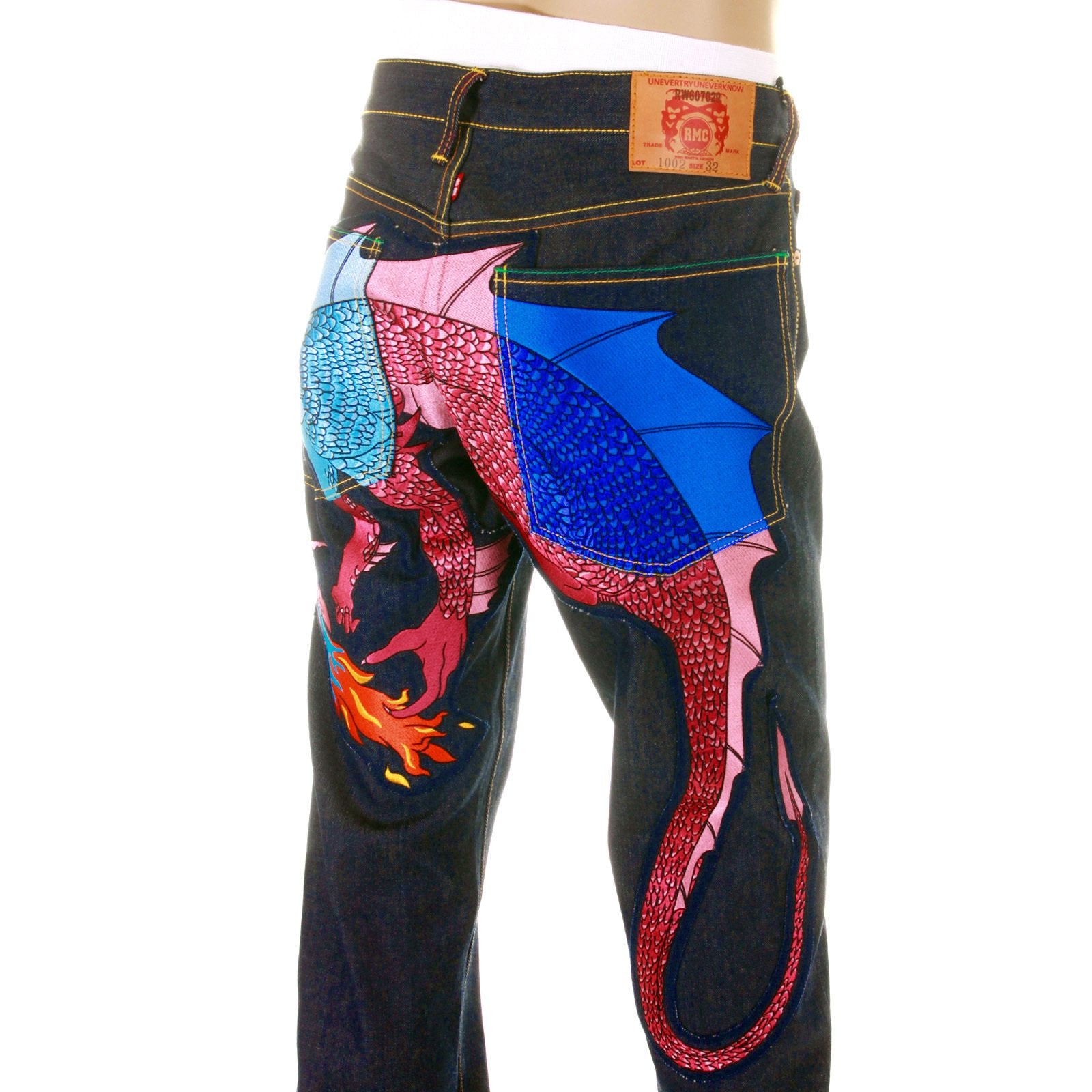 YOROPIKORAW SELVEDGE DENIM JEANS WITH HUNGRY DRAGON 574 SKY BLUE PINK ROYAL BLUE EMBROIDERY YORO5415