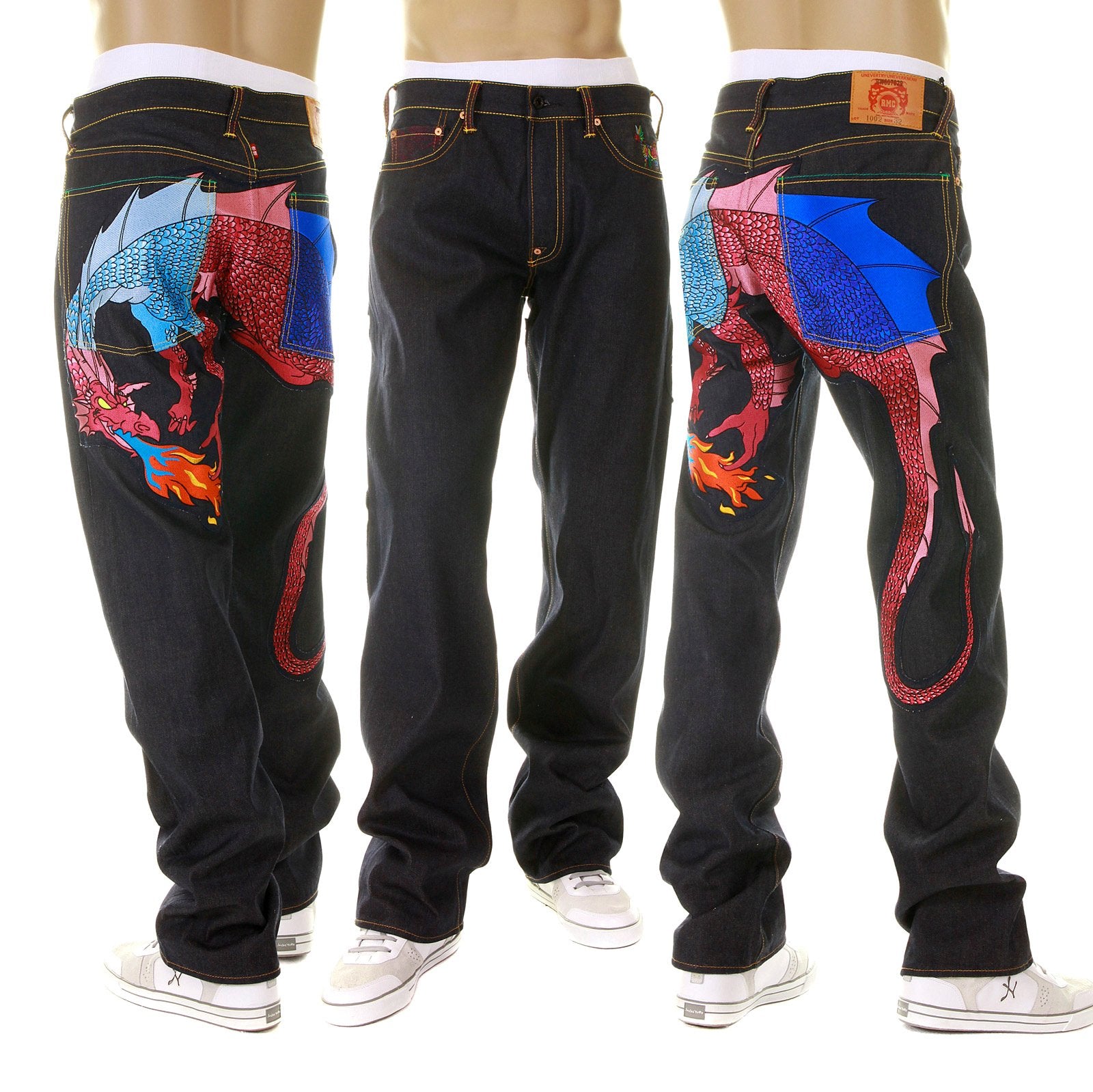 YOROPIKORAW SELVEDGE DENIM JEANS WITH HUNGRY DRAGON 574 SKY BLUE PINK ROYAL BLUE EMBROIDERY YORO5415
