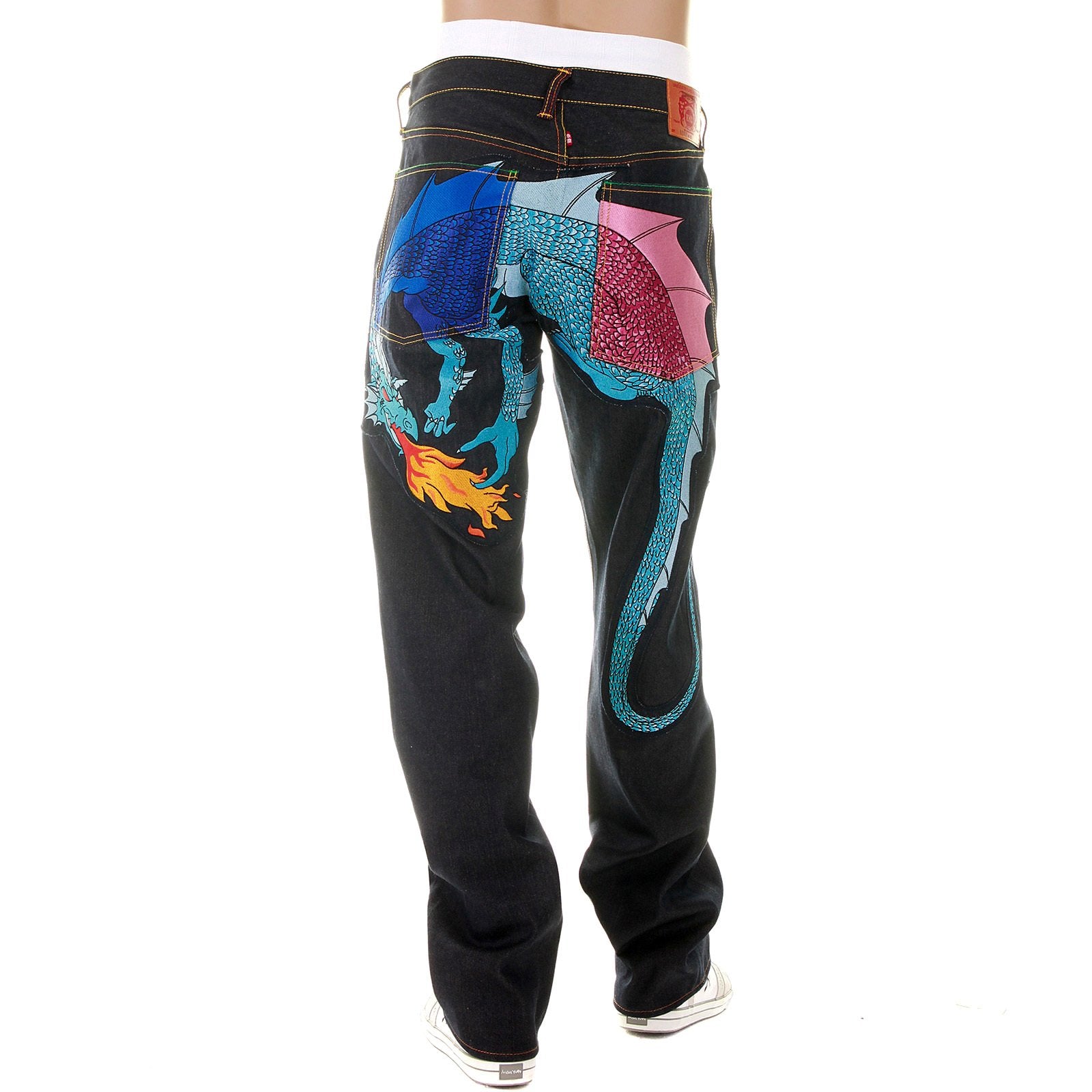 YOROPIKO VINTAGE CUT RAW SELVEDGE DENIM JEANS WITH HUNGRY DRAGON 574 ROYAL BLUE SKY BLUE PINK EMBROIDERY YORO5416