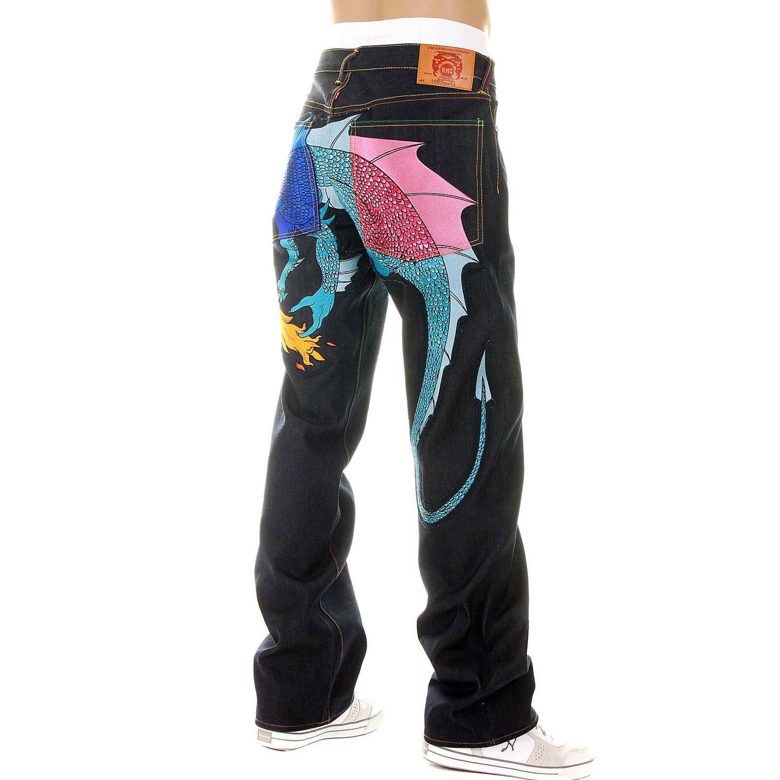 YOROPIKO VINTAGE CUT RAW SELVEDGE DENIM JEANS WITH HUNGRY DRAGON 574 ROYAL BLUE SKY BLUE PINK EMBROIDERY YORO5416