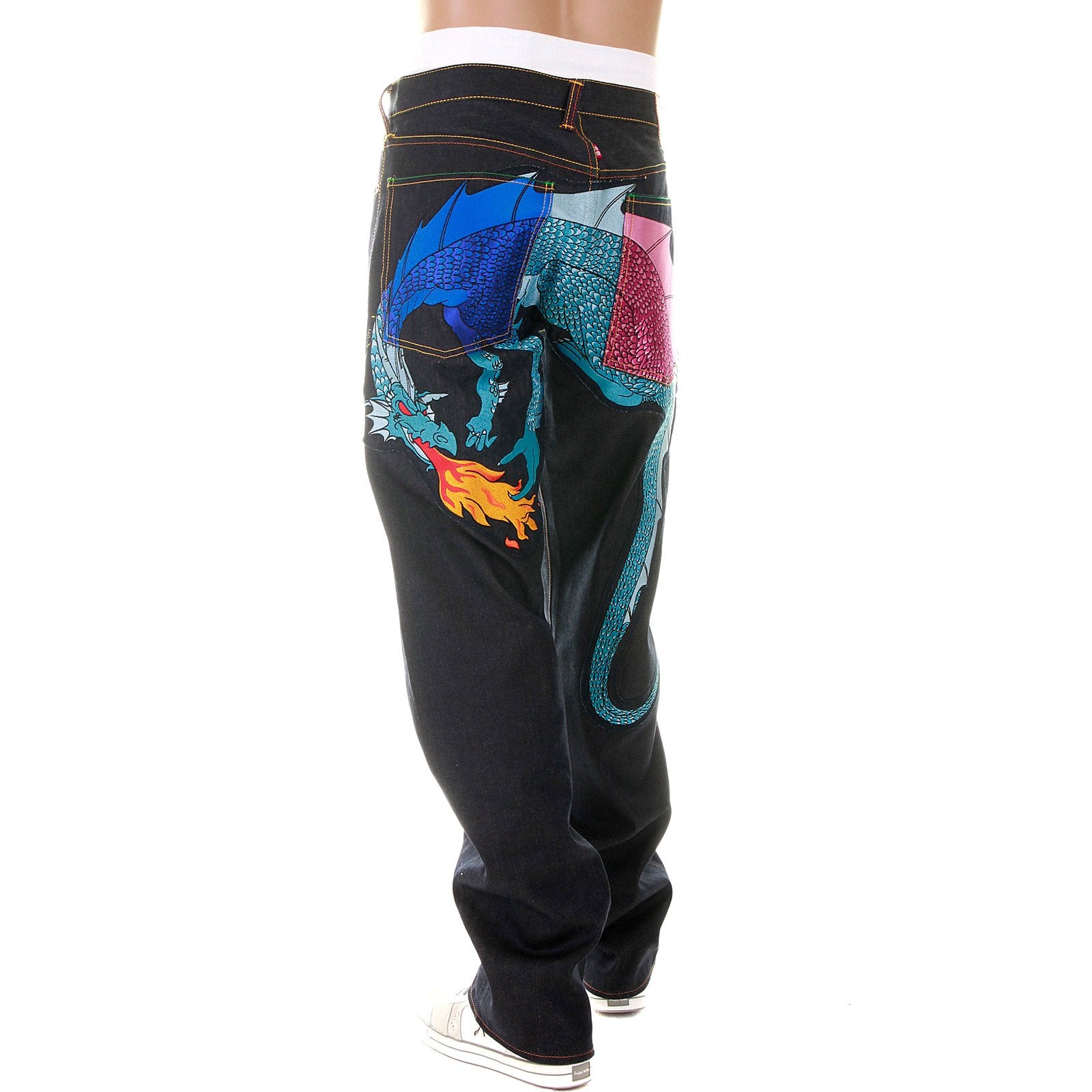 YOROPIKO VINTAGE CUT RAW SELVEDGE DENIM JEANS WITH HUNGRY DRAGON 574 ROYAL BLUE SKY BLUE PINK EMBROIDERY YORO5416