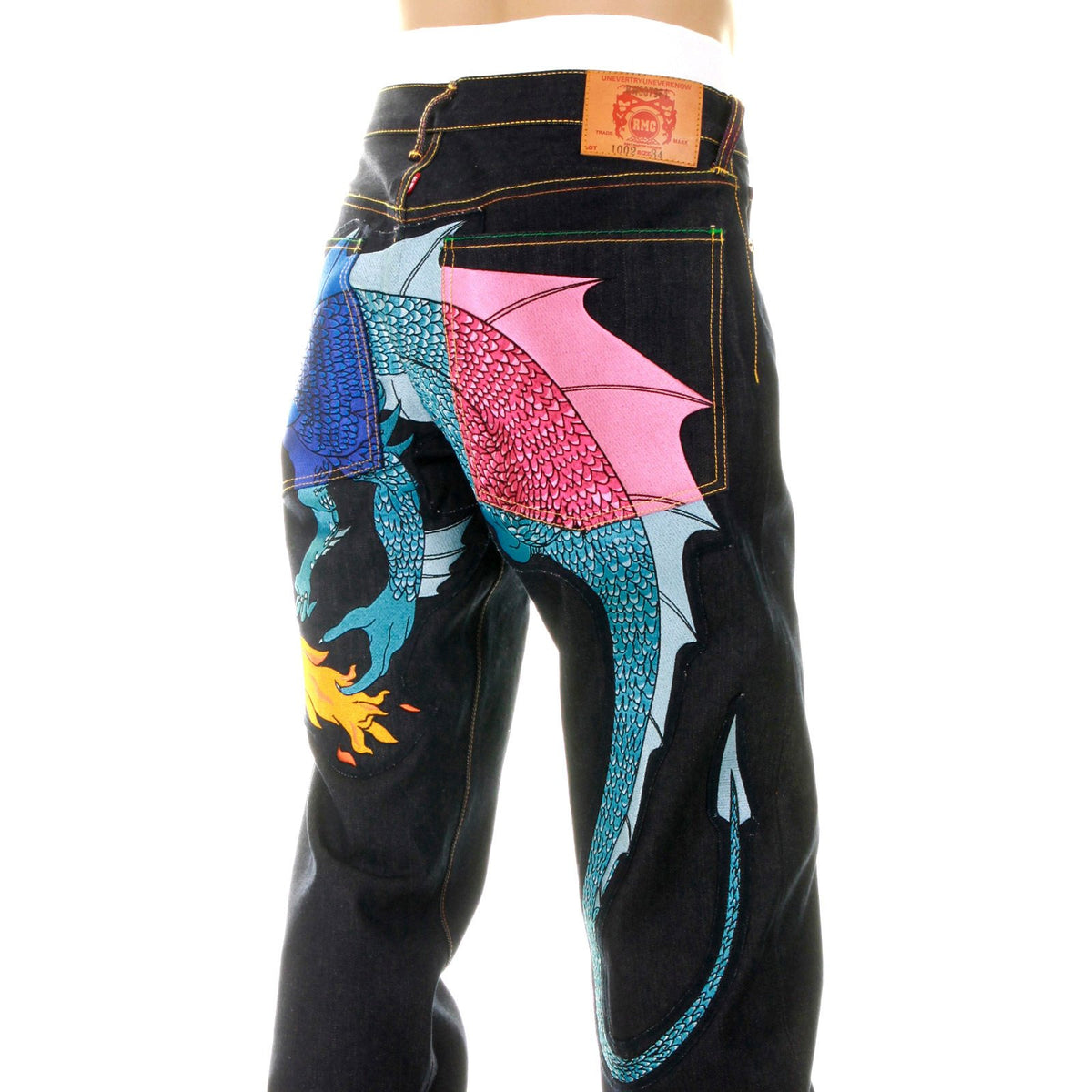 YOROPIKO VINTAGE CUT RAW SELVEDGE DENIM JEANS WITH HUNGRY DRAGON 574 ROYAL BLUE SKY BLUE PINK EMBROIDERY YORO5416