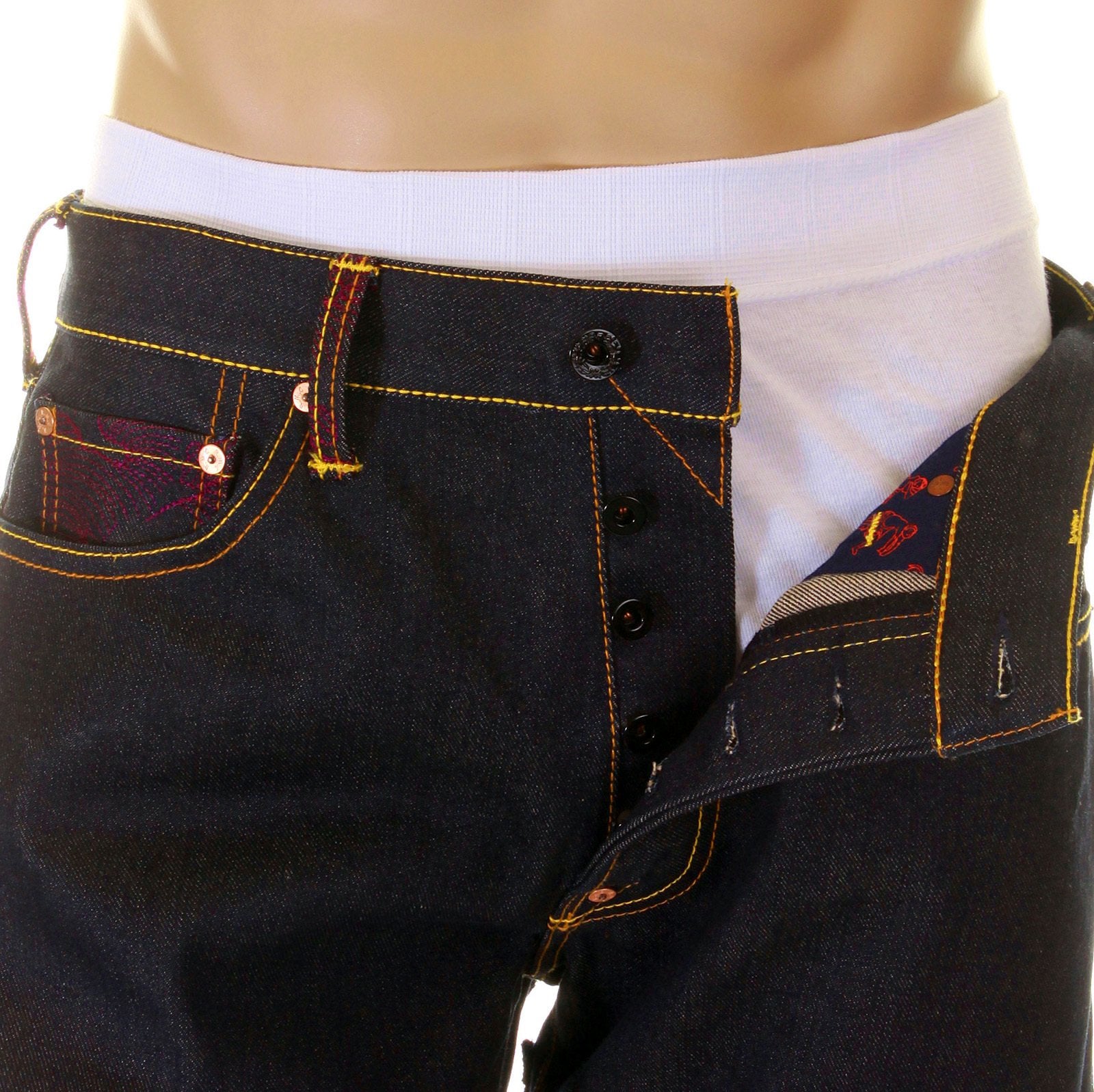 YOROPIKO VINTAGE CUT RAW SELVEDGE DENIM JEANS WITH HUNGRY DRAGON 574 ROYAL BLUE SKY BLUE PINK EMBROIDERY YORO5416