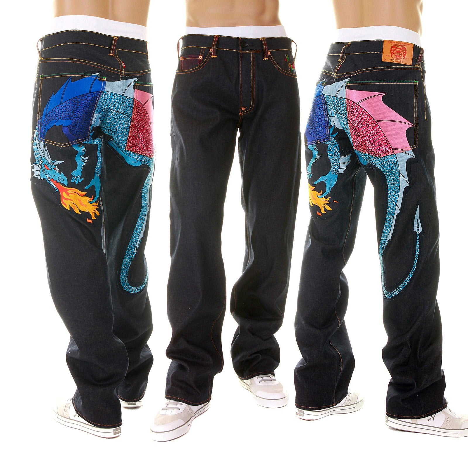 YOROPIKO LIMITED EDITION SELVEDGE DENIM JEANS WITH HUNGRY DRAGON 574 PINK ROYAL BLUE SKY BLUE EMBROIDERY YORO5418