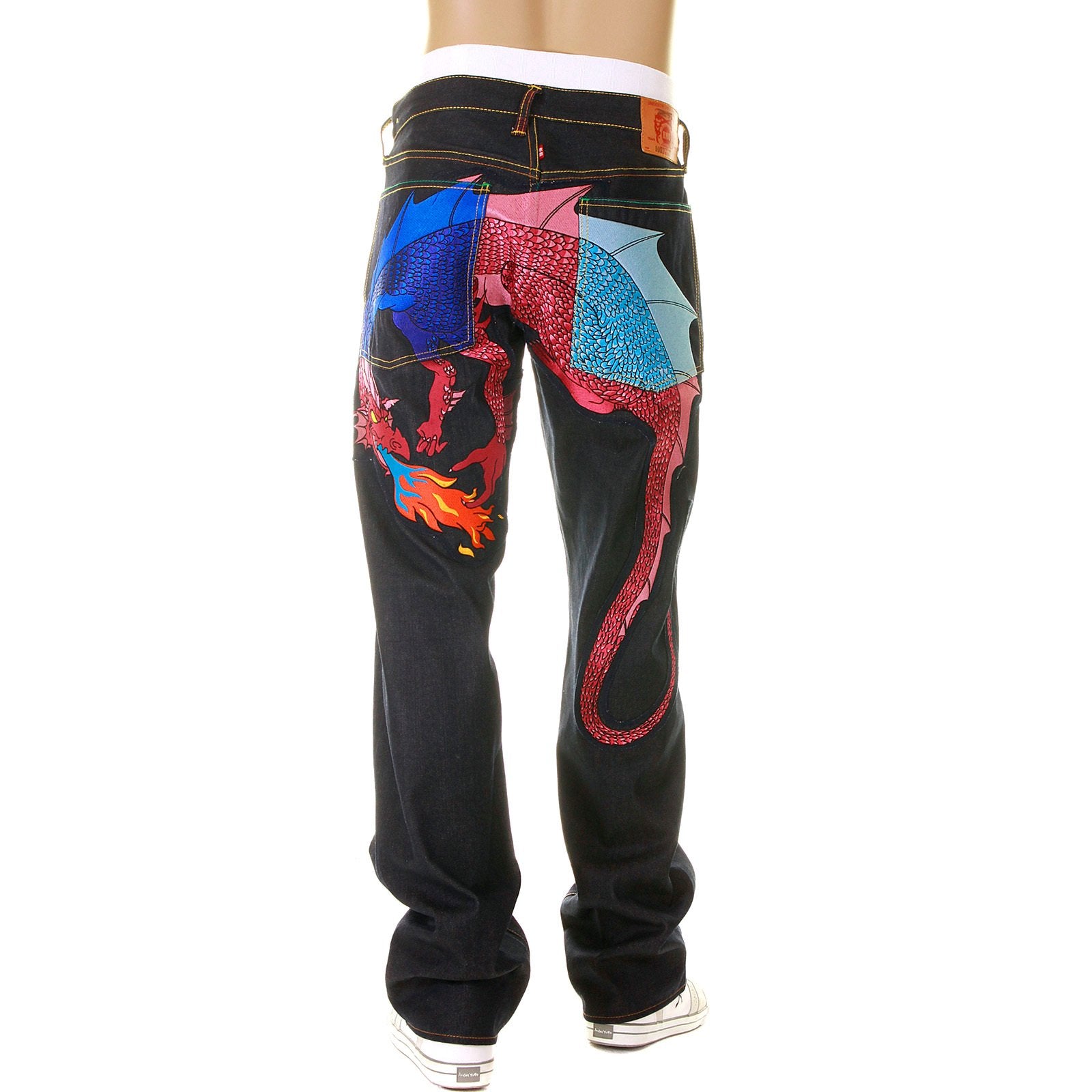 YOROPIKO LIMITED EDITION RAW SELVEDGE DENIM JEANS WITH HUNGRY DRAGON 574 ROYAL BLUE PINK SKY BLUE EMBROIDERY YORO5417