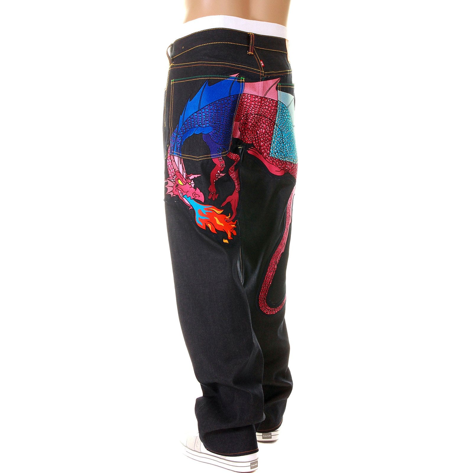 YOROPIKO LIMITED EDITION RAW SELVEDGE DENIM JEANS WITH HUNGRY DRAGON 574 ROYAL BLUE PINK SKY BLUE EMBROIDERY YORO5417