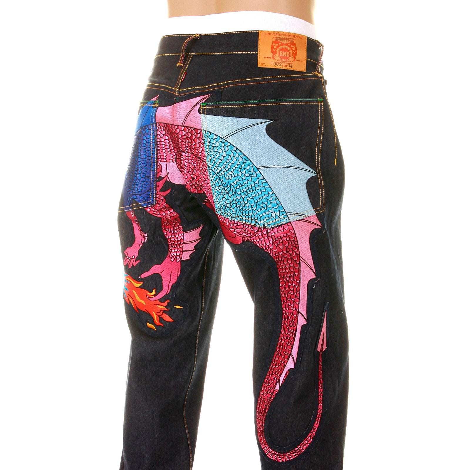 YOROPIKO LIMITED EDITION RAW SELVEDGE DENIM JEANS WITH HUNGRY DRAGON 574 ROYAL BLUE PINK SKY BLUE EMBROIDERY YORO5417