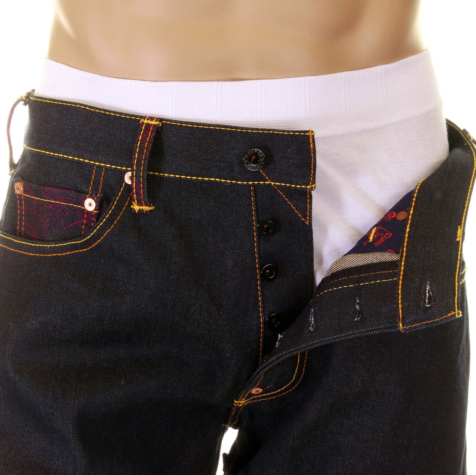 YOROPIKO LIMITED EDITION RAW SELVEDGE DENIM JEANS WITH HUNGRY DRAGON 574 ROYAL BLUE PINK SKY BLUE EMBROIDERY YORO5417