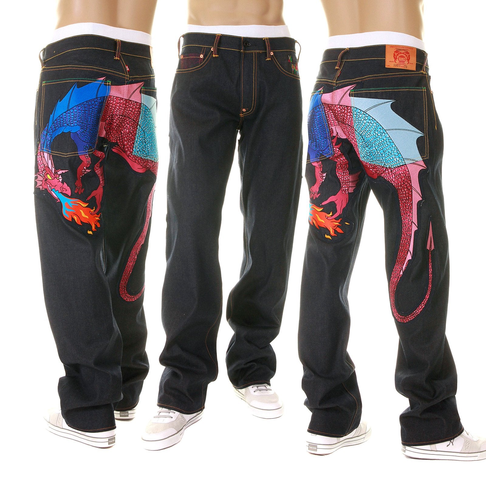 YOROPIKO LIMITED EDITION RAW SELVEDGE DENIM JEANS WITH HUNGRY DRAGON 574 ROYAL BLUE PINK SKY BLUE EMBROIDERY YORO5417
