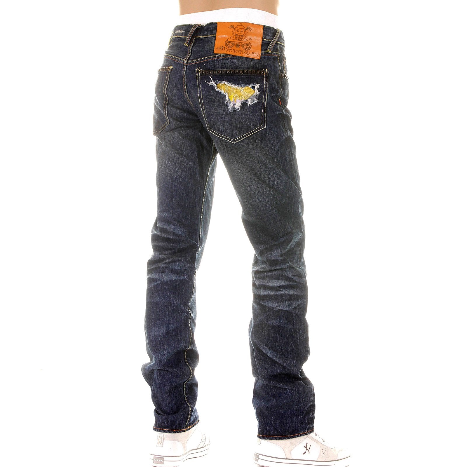 YOROPIKO FUJITSURU VINTAGE EMBROIDERED WASHED JAPANESE JEANS WITH FRAYED PATCHES YORO3972