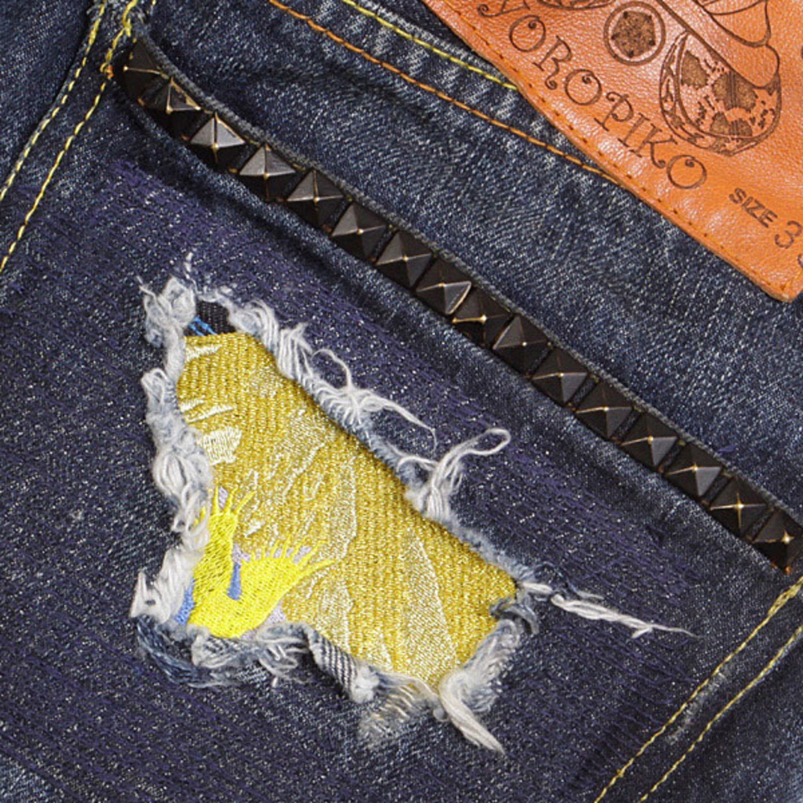 YOROPIKO FUJITSURU VINTAGE EMBROIDERED WASHED JAPANESE JEANS WITH FRAYED PATCHES YORO3972