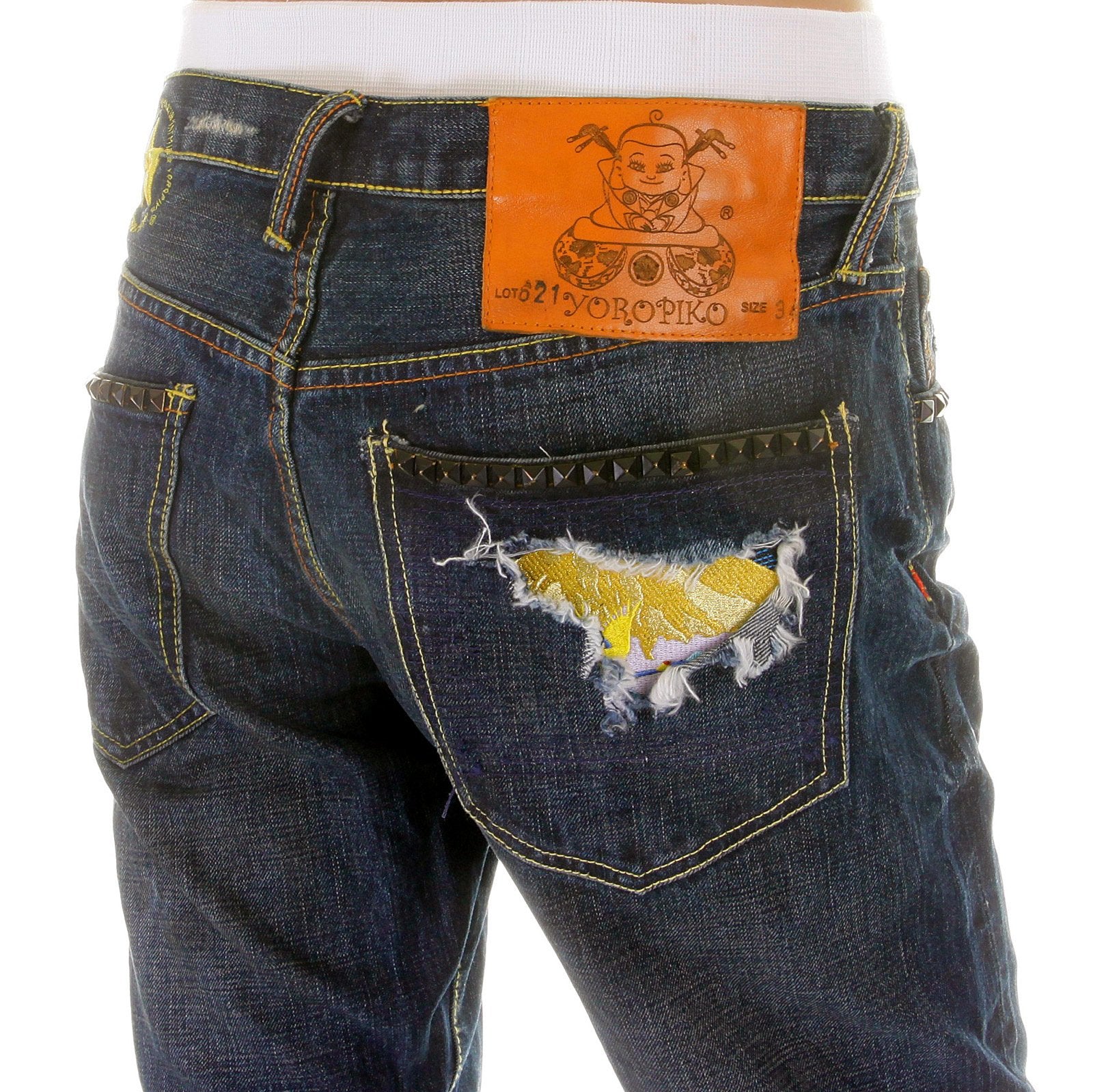 YOROPIKO FUJITSURU VINTAGE EMBROIDERED WASHED JAPANESE JEANS WITH FRAYED PATCHES YORO3972