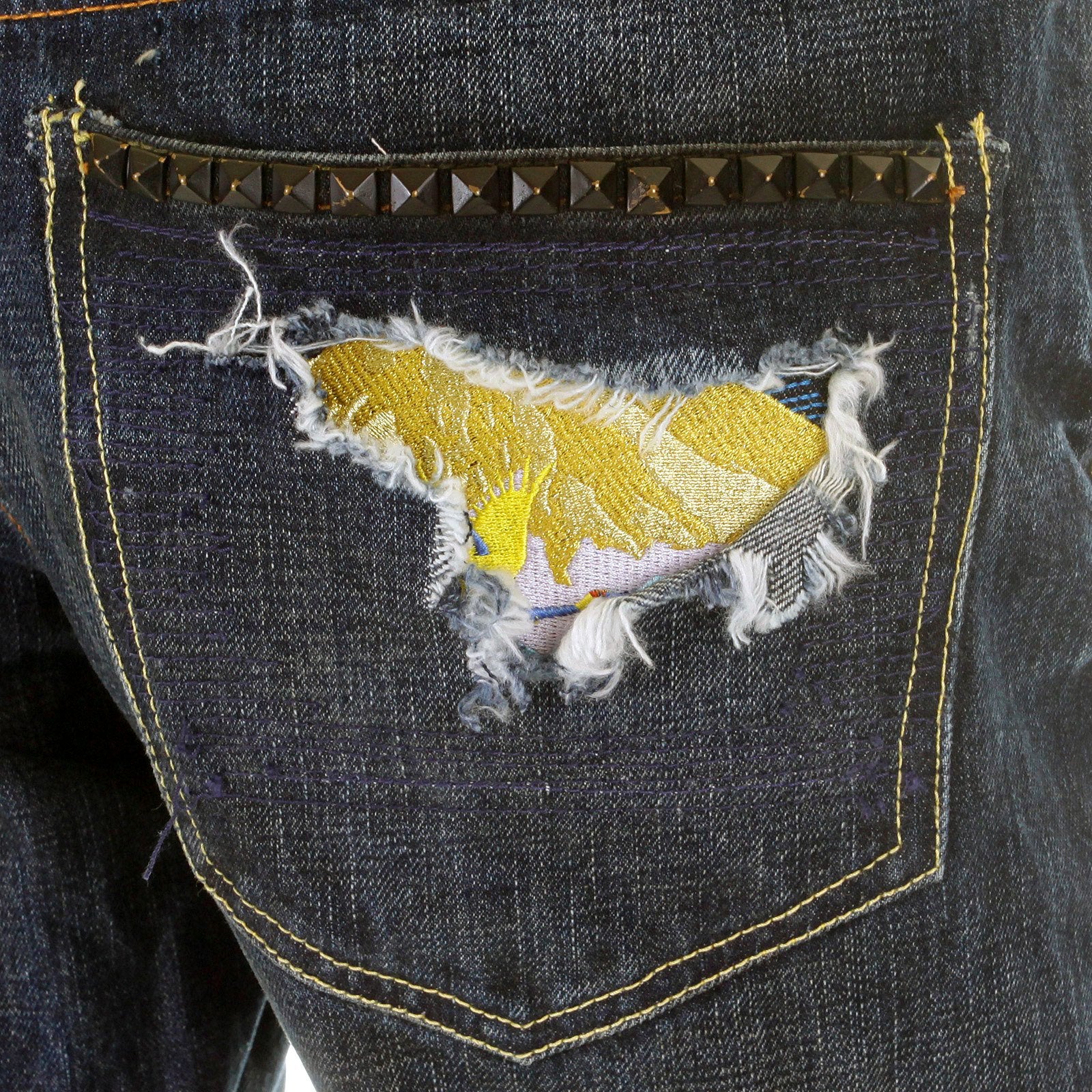 YOROPIKO FUJITSURU VINTAGE EMBROIDERED WASHED JAPANESE JEANS WITH FRAYED PATCHES YORO3972