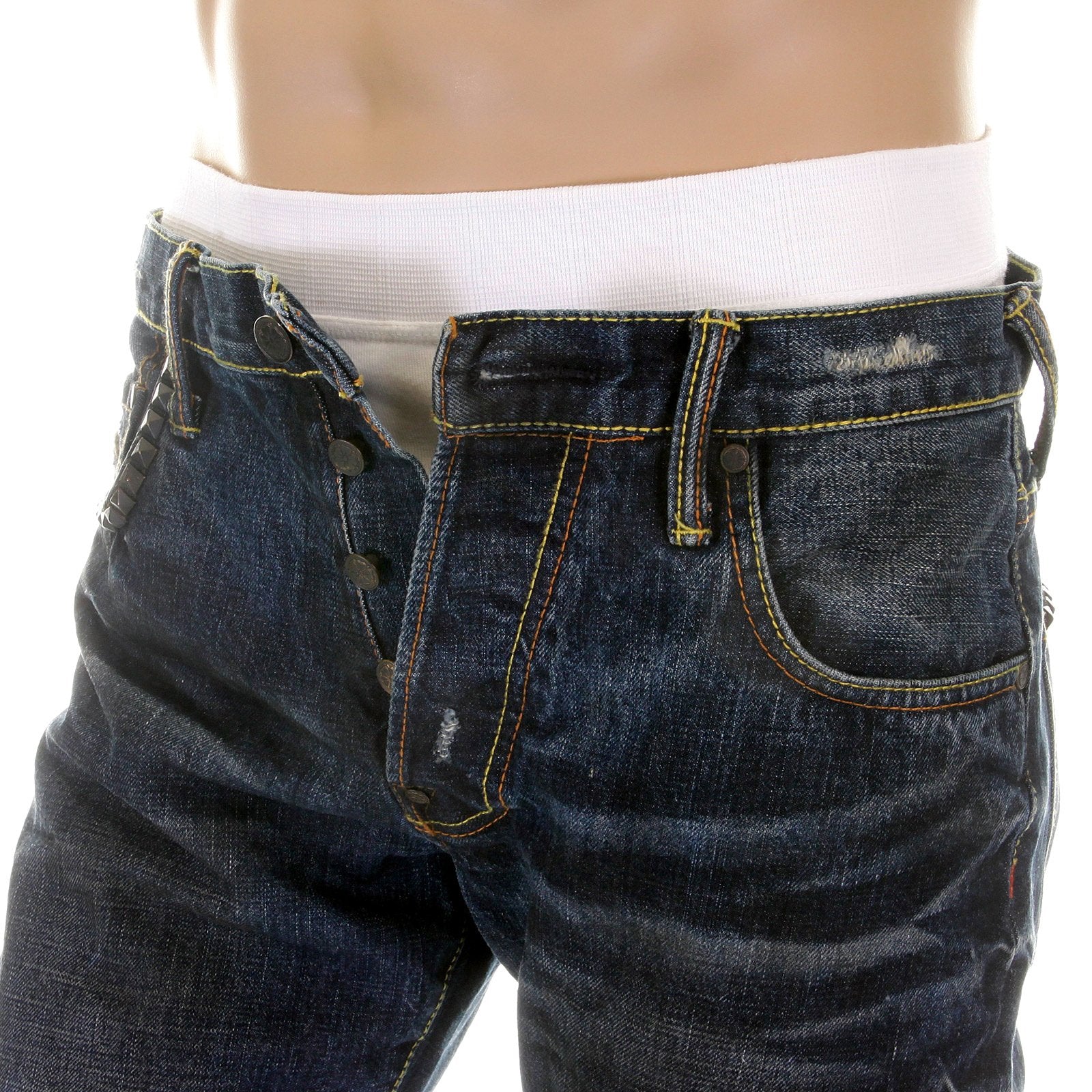 YOROPIKO FUJITSURU VINTAGE EMBROIDERED WASHED JAPANESE JEANS WITH FRAYED PATCHES YORO3972