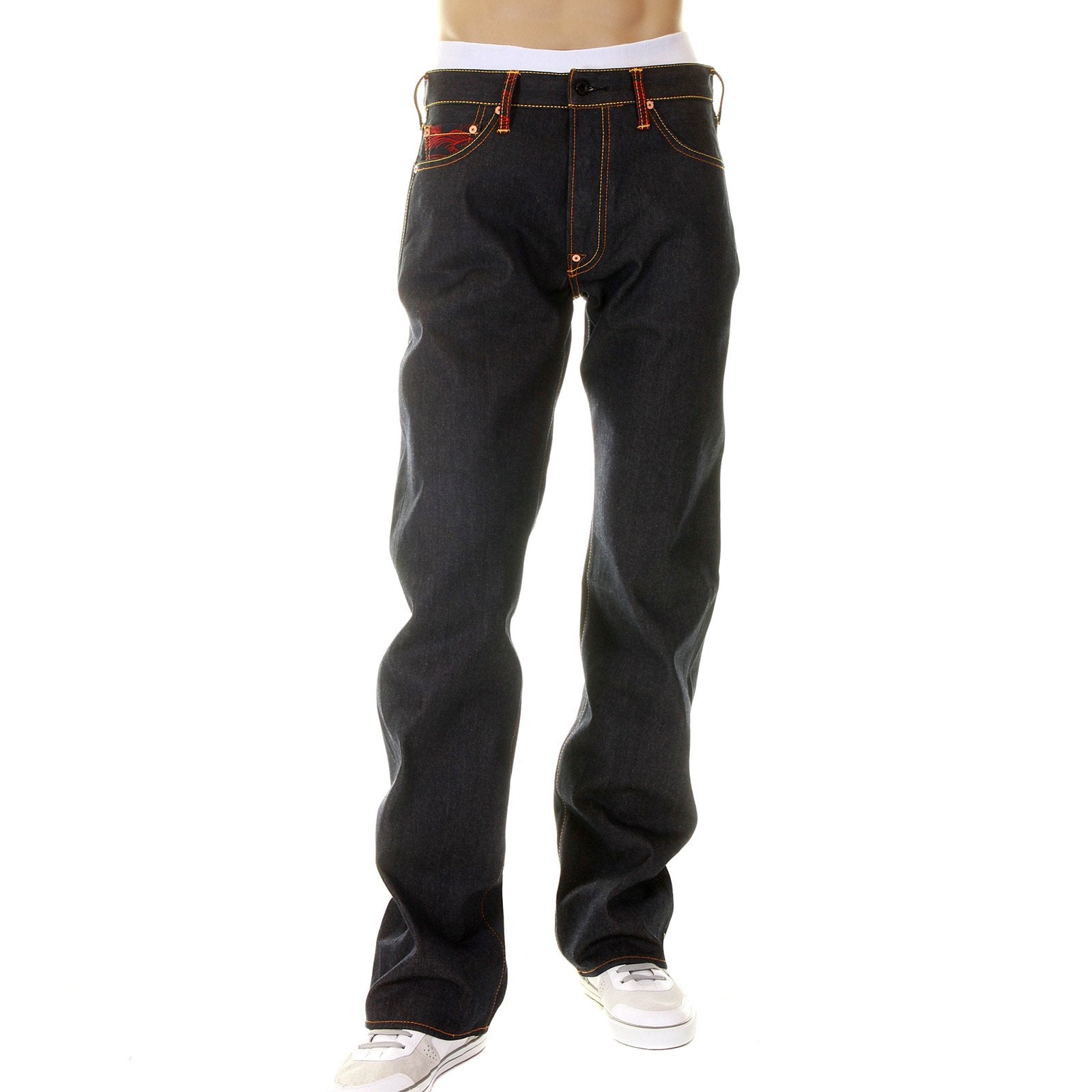 RMC MARTIN KSOHOH DARK INDIGO VINTAGE CUT SUPER EXCLUSIVE RAW DENIM JEANS WITH ERIC SO01 RED EMBROIDERY REDM3112
