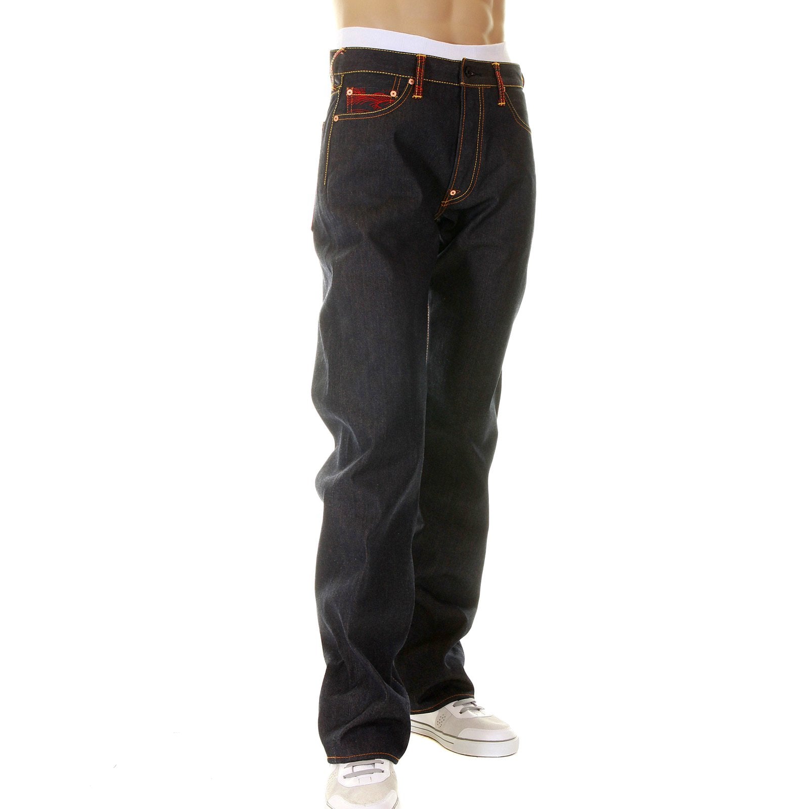 RMC MARTIN KSOHOH DARK INDIGO VINTAGE CUT SUPER EXCLUSIVE RAW DENIM JEANS WITH ERIC SO01 RED EMBROIDERY REDM3112
