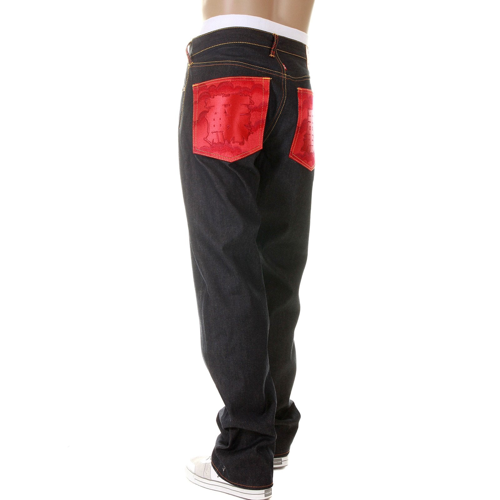RMC MARTIN KSOHOH DARK INDIGO VINTAGE CUT SUPER EXCLUSIVE RAW DENIM JEANS WITH ERIC SO01 RED EMBROIDERY REDM3112