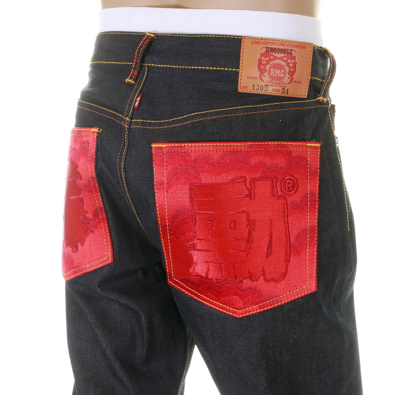 RMC MARTIN KSOHOH DARK INDIGO VINTAGE CUT SUPER EXCLUSIVE RAW DENIM JEANS WITH ERIC SO01 RED EMBROIDERY REDM3112