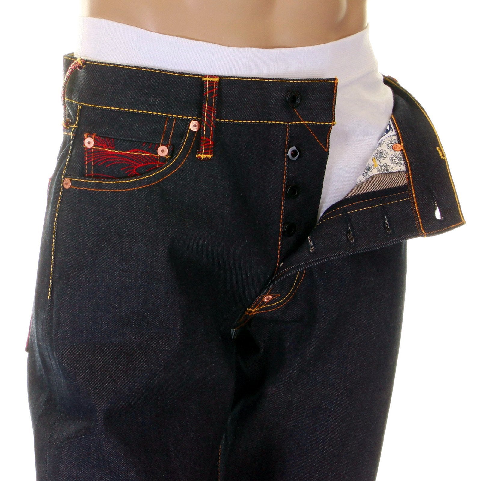 RMC MARTIN KSOHOH DARK INDIGO VINTAGE CUT SUPER EXCLUSIVE RAW DENIM JEANS WITH ERIC SO01 RED EMBROIDERY REDM3112