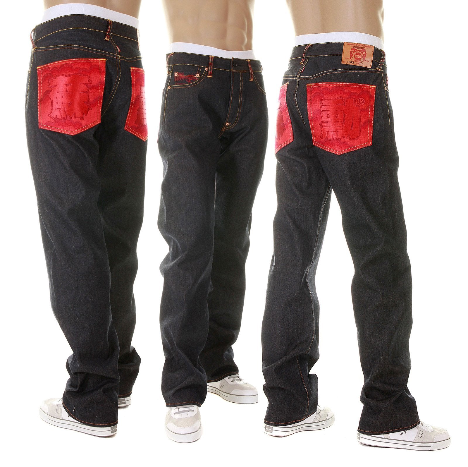 RMC MARTIN KSOHOH DARK INDIGO VINTAGE CUT SUPER EXCLUSIVE RAW DENIM JEANS WITH ERIC SO01 RED EMBROIDERY REDM3112