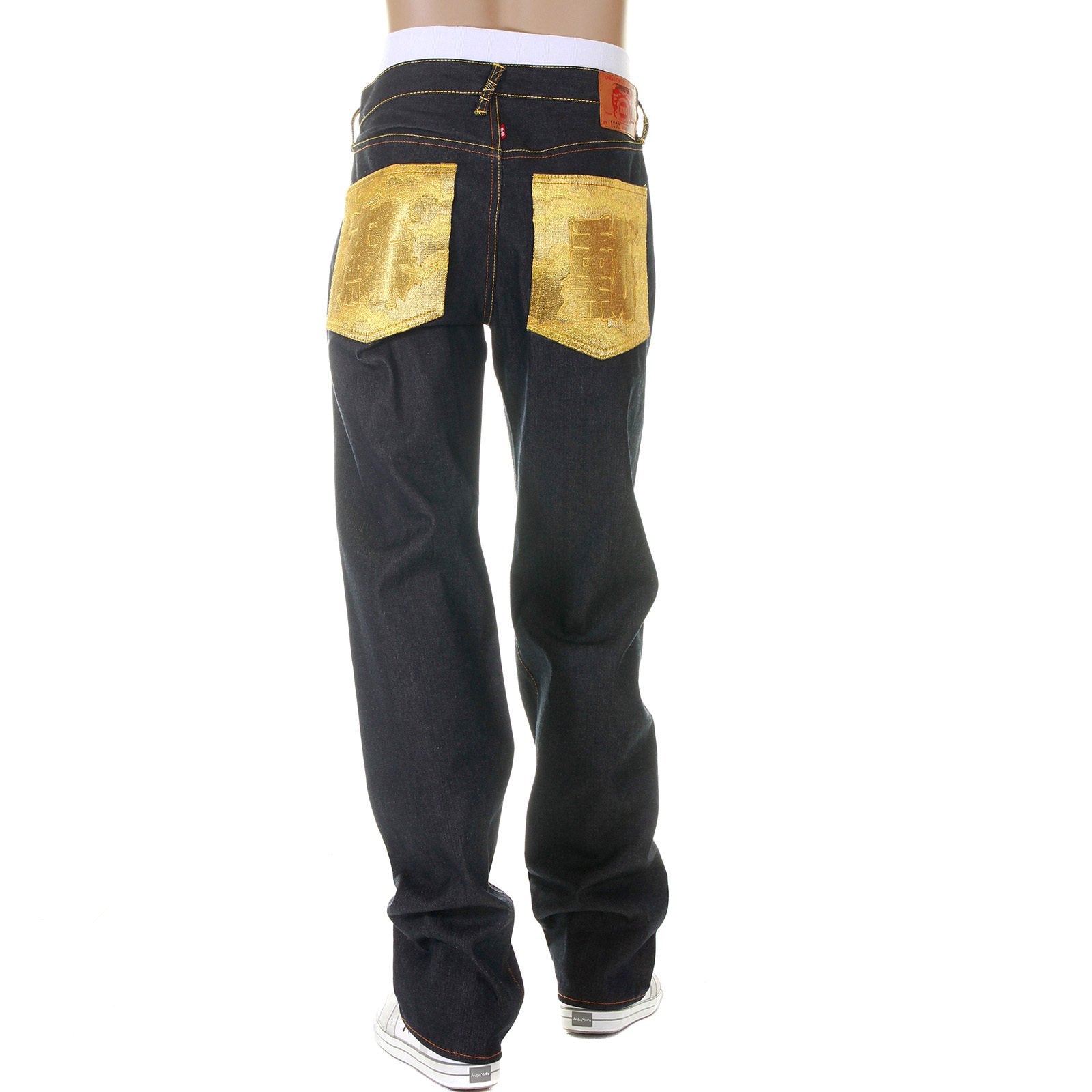 RMC MARTIN KSOHOH MENS DARK INDIGO SUPER EXCLUSIVE RAW DENIM JEANS WITH ERIC SO02 GOLD EMBROIDERY REDM3111