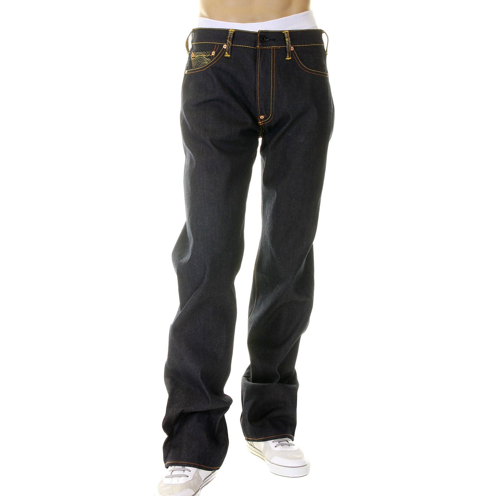 RMC MARTIN KSOHOH MENS DARK INDIGO SUPER EXCLUSIVE RAW DENIM JEANS WITH ERIC SO02 GOLD EMBROIDERY REDM3111