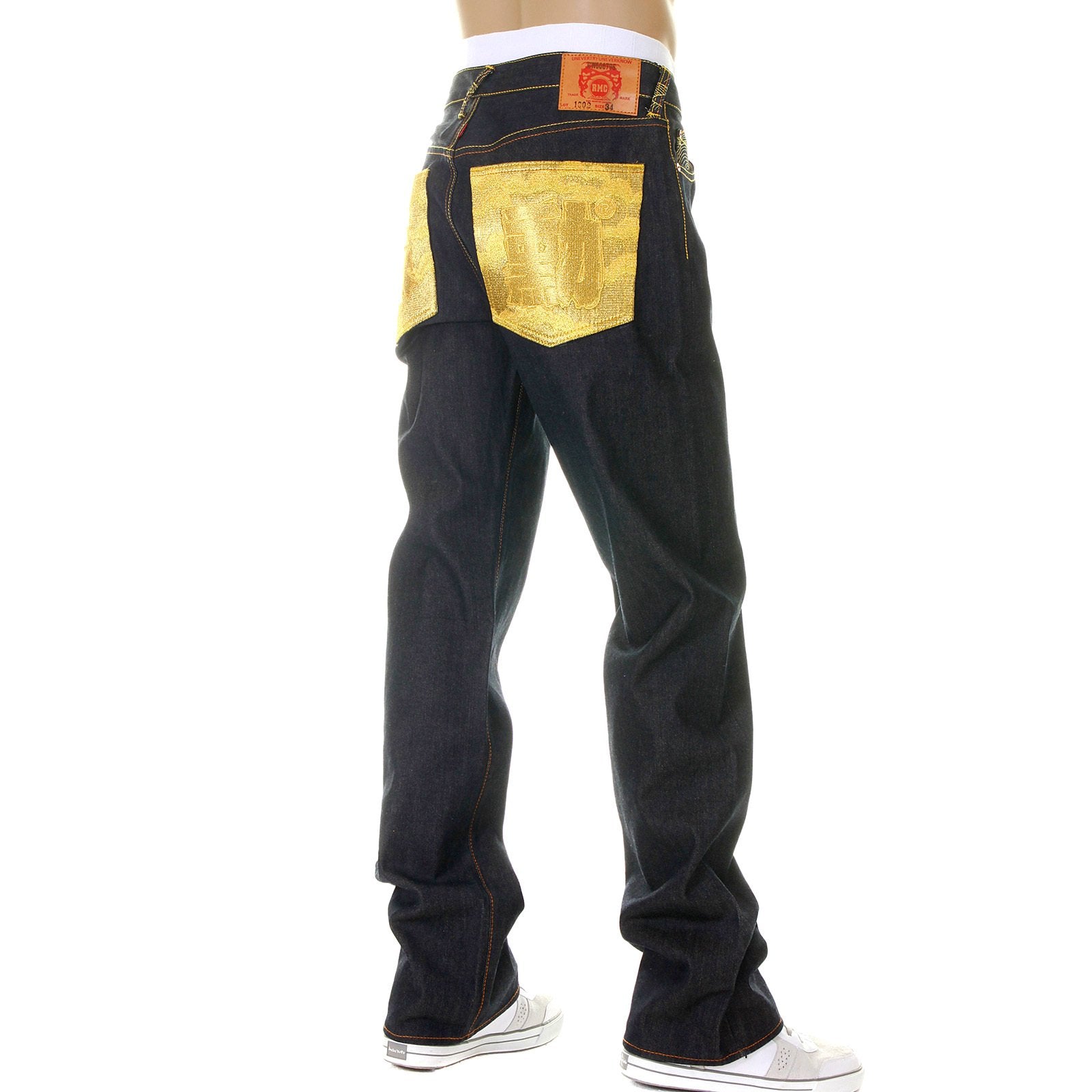 RMC MARTIN KSOHOH MENS DARK INDIGO SUPER EXCLUSIVE RAW DENIM JEANS WITH ERIC SO02 GOLD EMBROIDERY REDM3111
