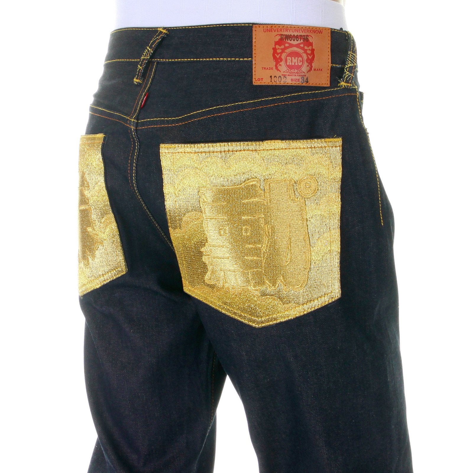RMC MARTIN KSOHOH MENS DARK INDIGO SUPER EXCLUSIVE RAW DENIM JEANS WITH ERIC SO02 GOLD EMBROIDERY REDM3111