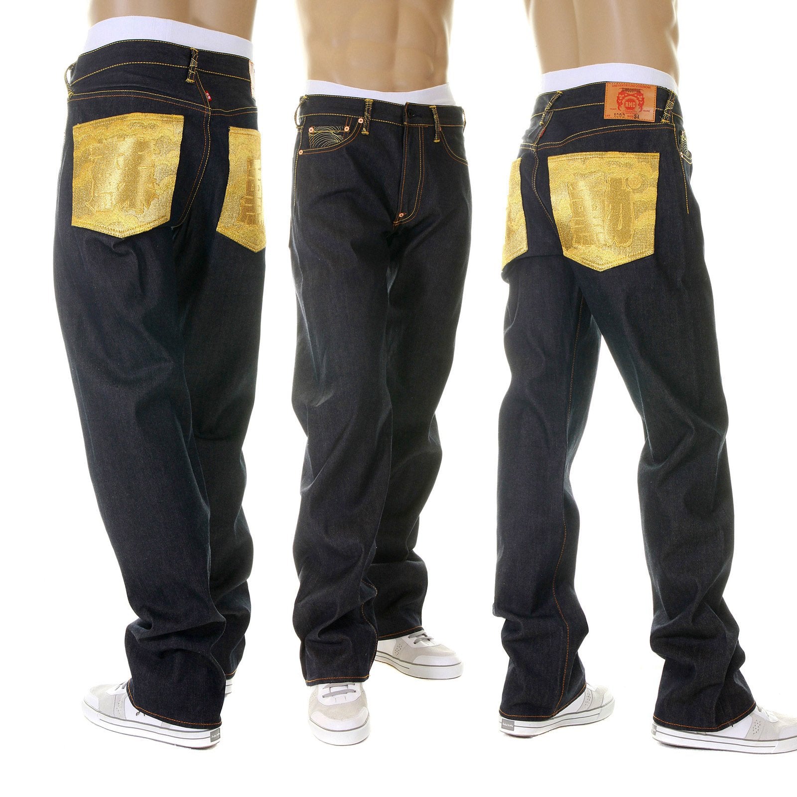 RMC MARTIN KSOHOH MENS DARK INDIGO SUPER EXCLUSIVE RAW DENIM JEANS WITH ERIC SO02 GOLD EMBROIDERY REDM3111