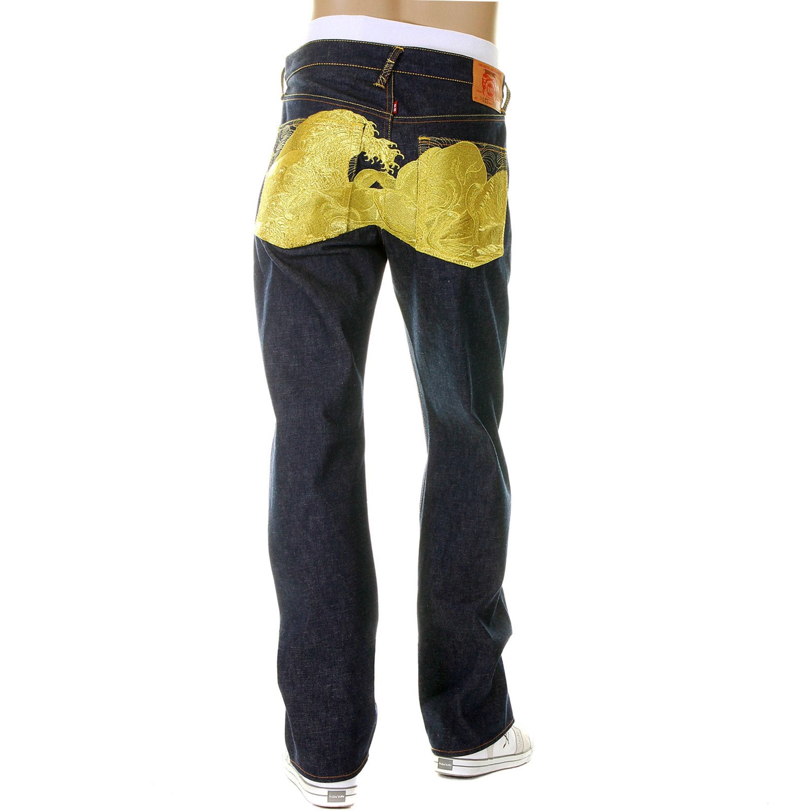 RMC LIMITED EDITION DARK INDIGO SELVEDGE DENIM JEANS WITH DREAM OF THE FISHERMANS WIFE GOLD EMBROIDERY REDM2975