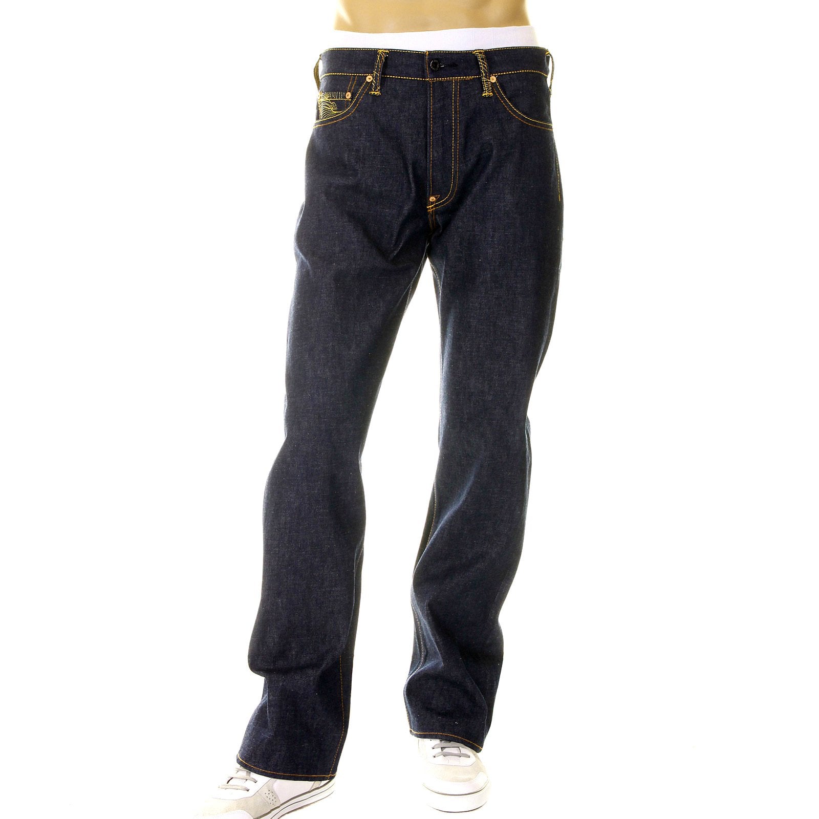 RMC LIMITED EDITION DARK INDIGO SELVEDGE DENIM JEANS WITH DREAM OF THE FISHERMANS WIFE GOLD EMBROIDERY REDM2975