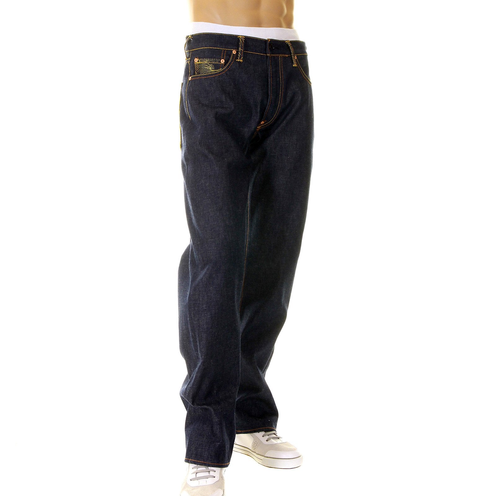RMC LIMITED EDITION DARK INDIGO SELVEDGE DENIM JEANS WITH DREAM OF THE FISHERMANS WIFE GOLD EMBROIDERY REDM2975