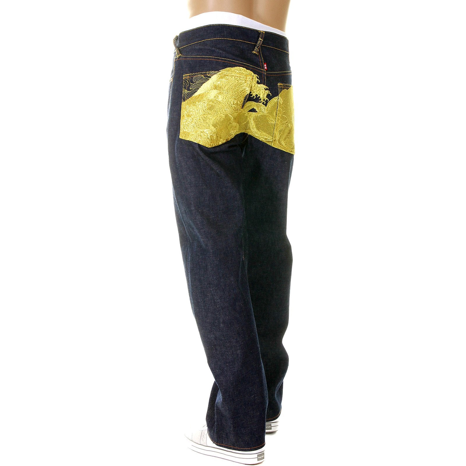 RMC LIMITED EDITION DARK INDIGO SELVEDGE DENIM JEANS WITH DREAM OF THE FISHERMANS WIFE GOLD EMBROIDERY REDM2975