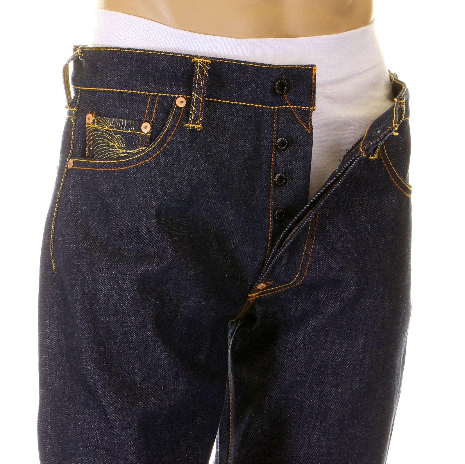 RMC LIMITED EDITION DARK INDIGO SELVEDGE DENIM JEANS WITH DREAM OF THE FISHERMANS WIFE GOLD EMBROIDERY REDM2975