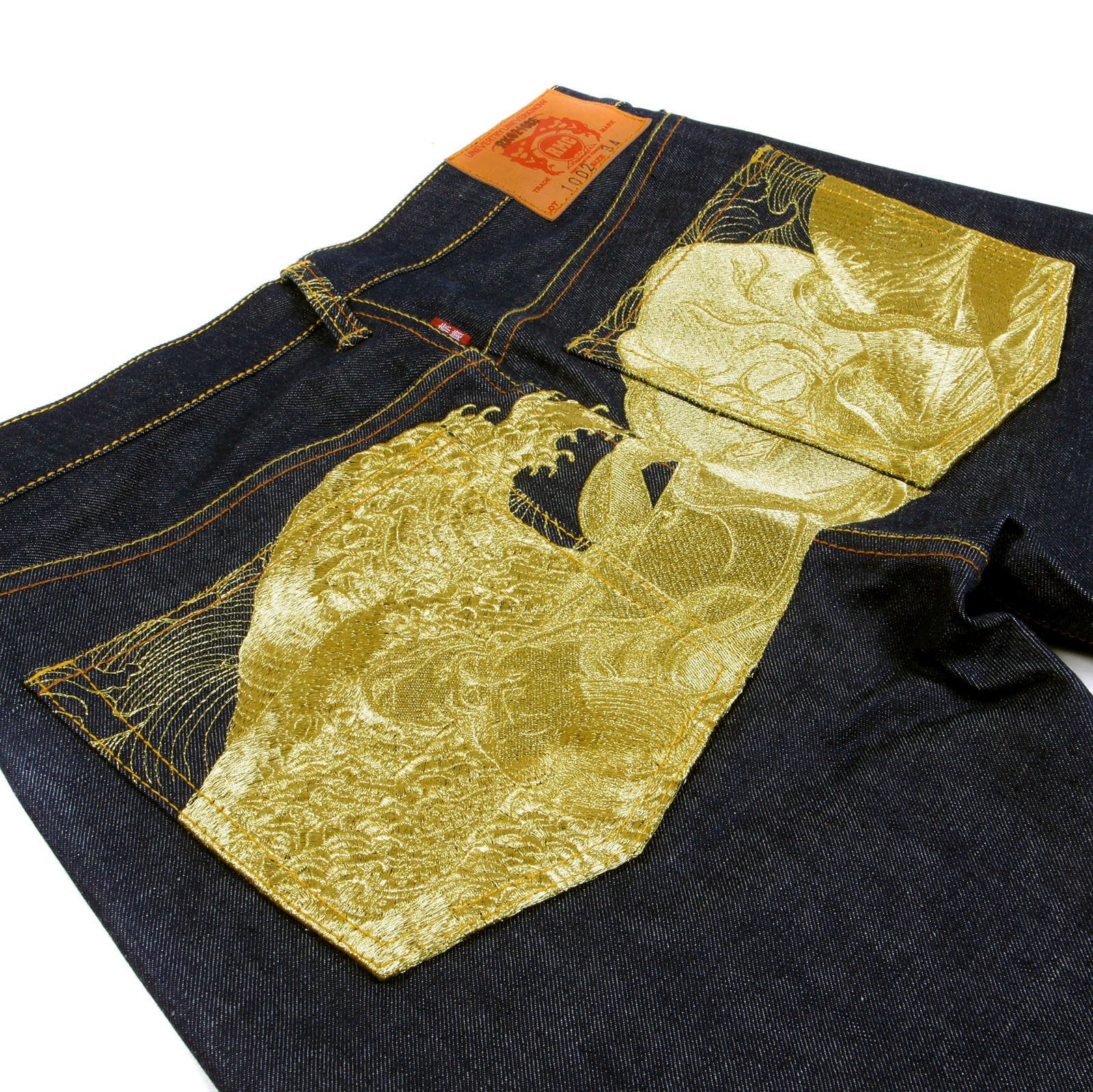 RMC LIMITED EDITION DARK INDIGO SELVEDGE DENIM JEANS WITH DREAM OF THE FISHERMANS WIFE GOLD EMBROIDERY REDM2975