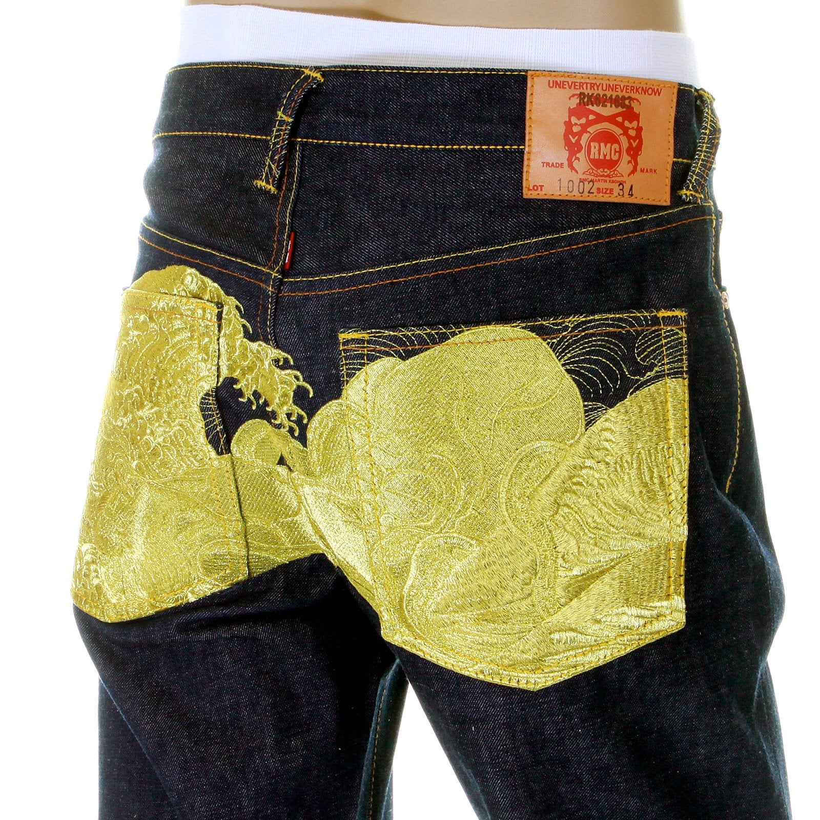 RMC LIMITED EDITION DARK INDIGO SELVEDGE DENIM JEANS WITH DREAM OF THE FISHERMANS WIFE GOLD EMBROIDERY REDM2975