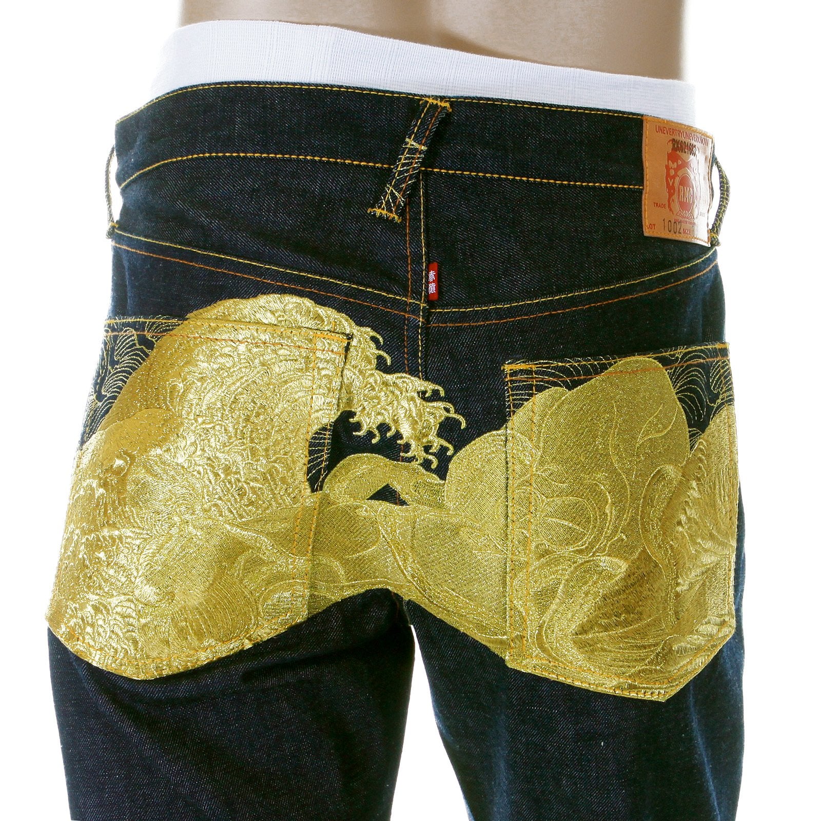 RMC LIMITED EDITION DARK INDIGO SELVEDGE DENIM JEANS WITH DREAM OF THE FISHERMANS WIFE GOLD EMBROIDERY REDM2975