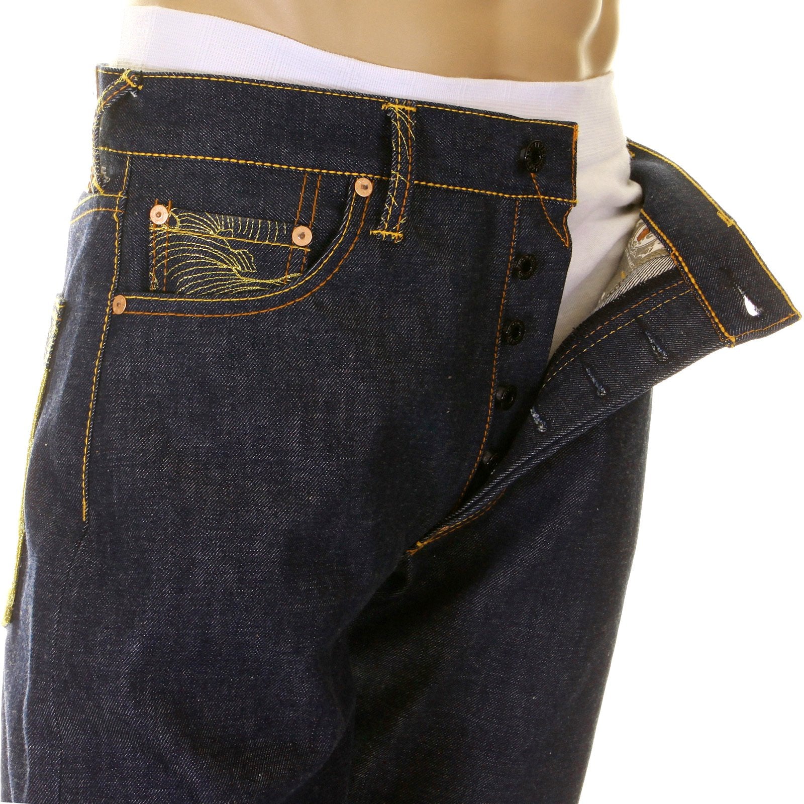RMC LIMITED EDITION DARK INDIGO SELVEDGE DENIM JEANS WITH DREAM OF THE FISHERMANS WIFE GOLD EMBROIDERY REDM2975