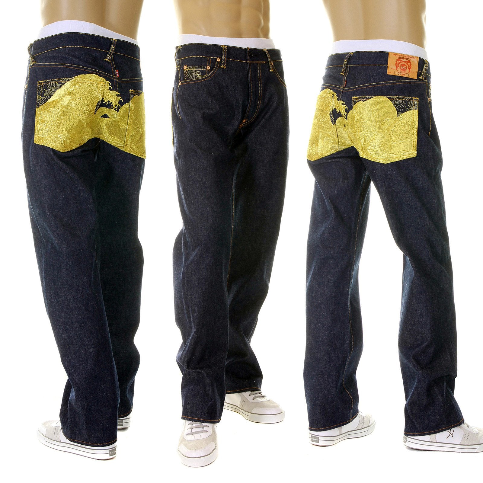 RMC LIMITED EDITION DARK INDIGO SELVEDGE DENIM JEANS WITH DREAM OF THE FISHERMANS WIFE GOLD EMBROIDERY REDM2975