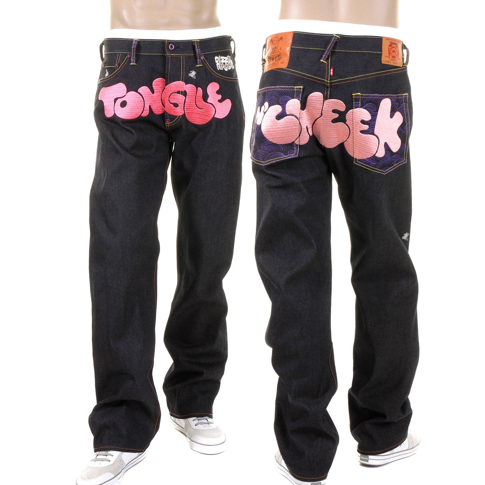 RMC JEANS DARK INDIGO VINTAGE CUT RAW DENIM JEANS WITH DIZZEE RASCAL TONGUE N CHEEK PURPLE EMBROIDERY REDM5658
