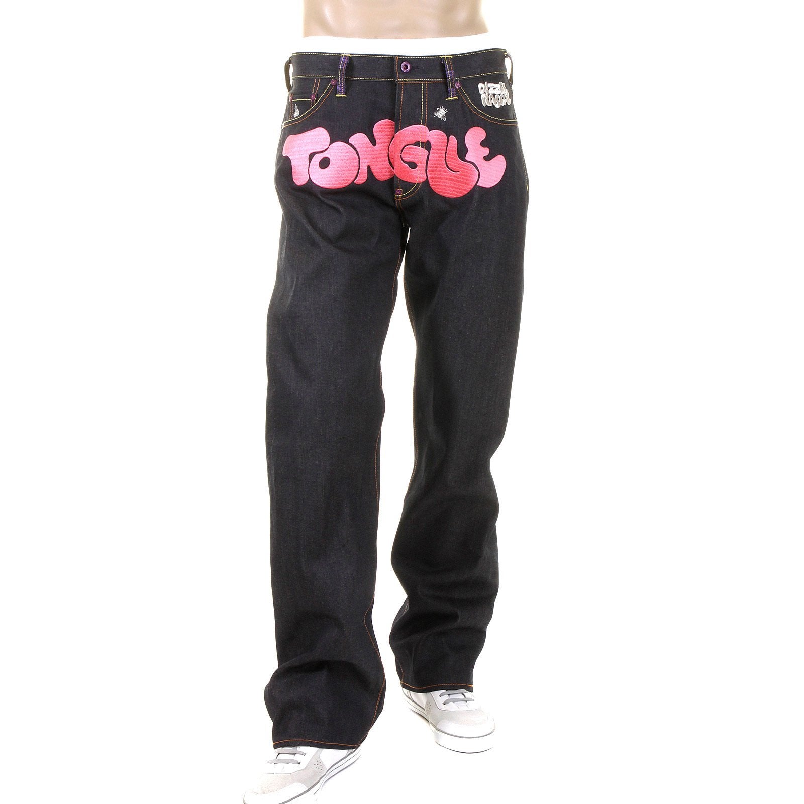 RMC JEANS DARK INDIGO VINTAGE CUT RAW DENIM JEANS WITH DIZZEE RASCAL TONGUE N CHEEK PURPLE EMBROIDERY REDM5658