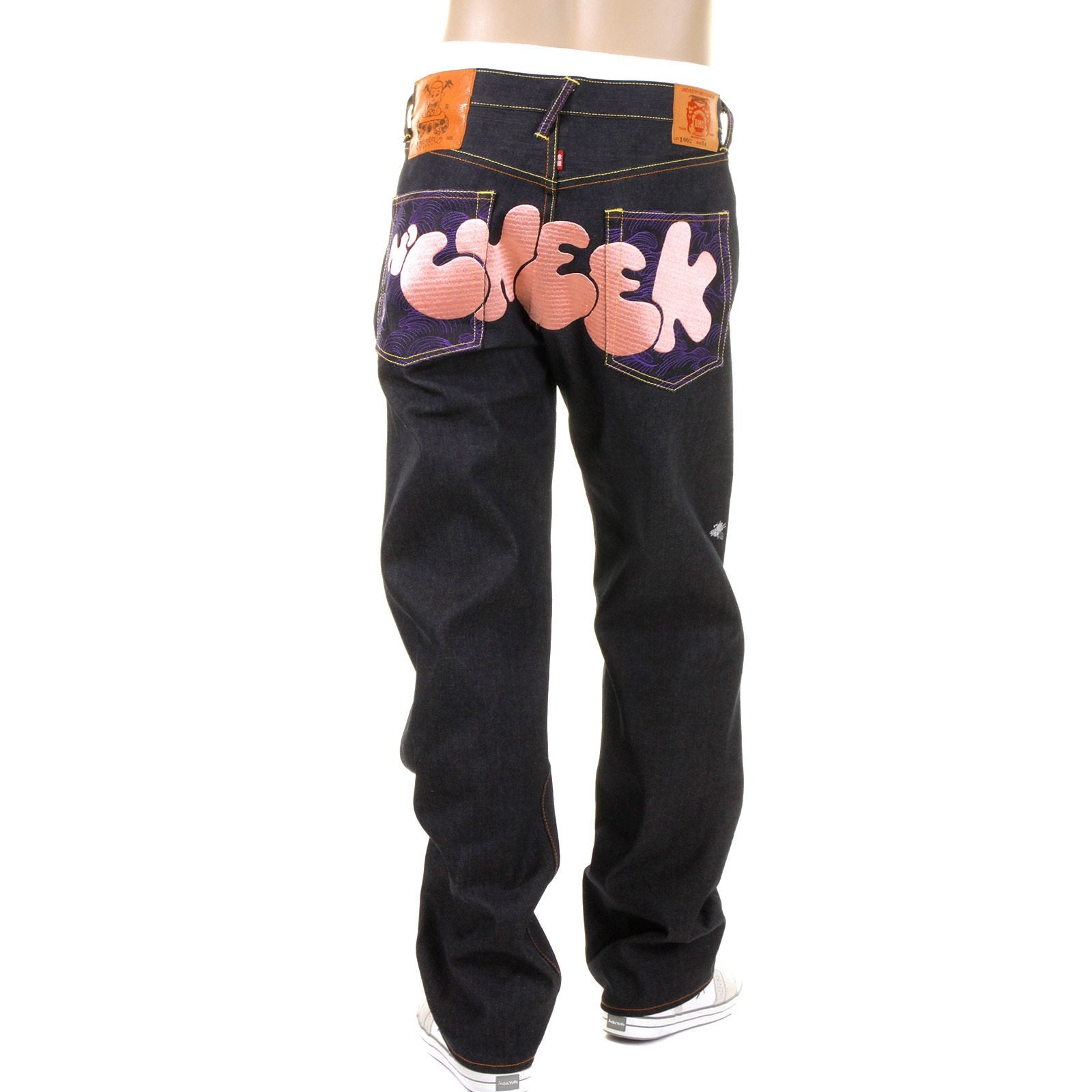 RMC JEANS DARK INDIGO VINTAGE CUT RAW DENIM JEANS WITH DIZZEE RASCAL TONGUE N CHEEK PURPLE EMBROIDERY REDM5658