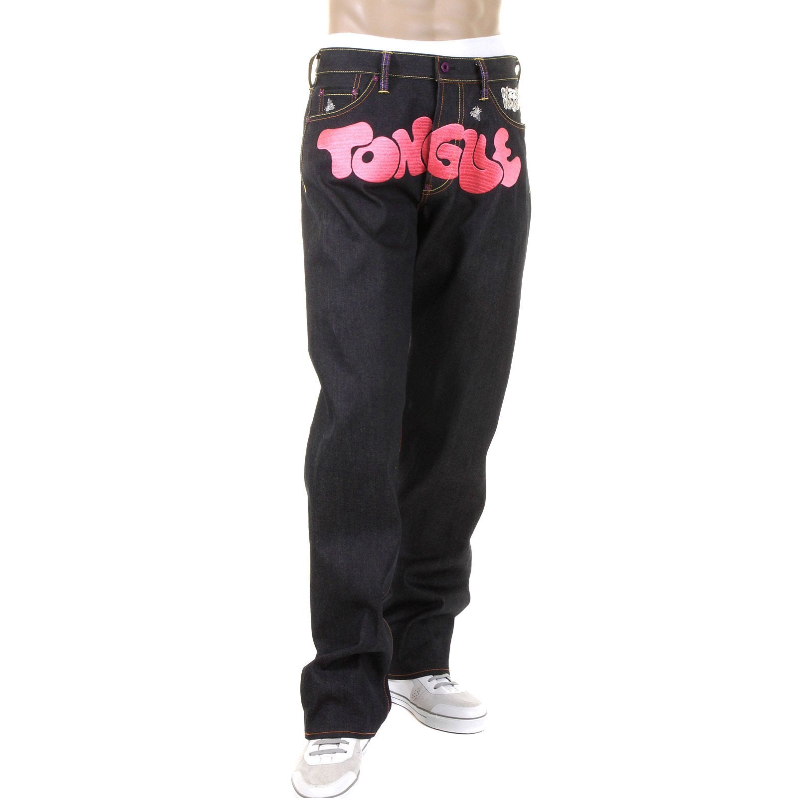 RMC JEANS DARK INDIGO VINTAGE CUT RAW DENIM JEANS WITH DIZZEE RASCAL TONGUE N CHEEK PURPLE EMBROIDERY REDM5658